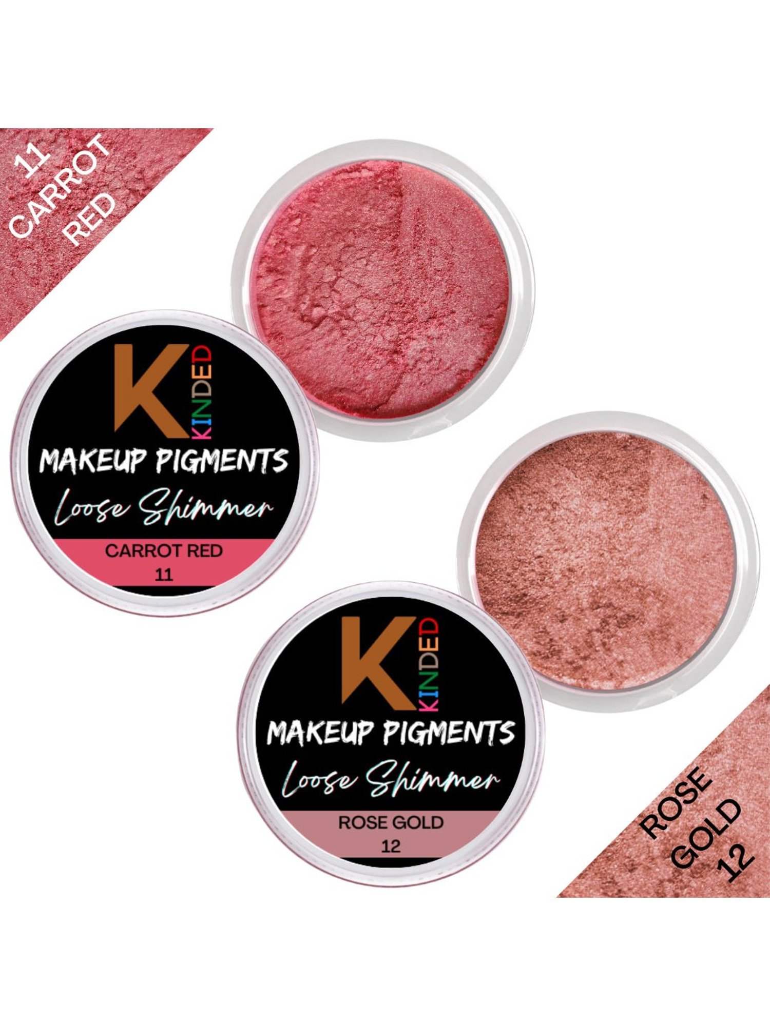 KINDED Makeup Pigments Loose Shimmer Powder Eyeshadow 11 Carrot Red & 12 Rose Gold Combo