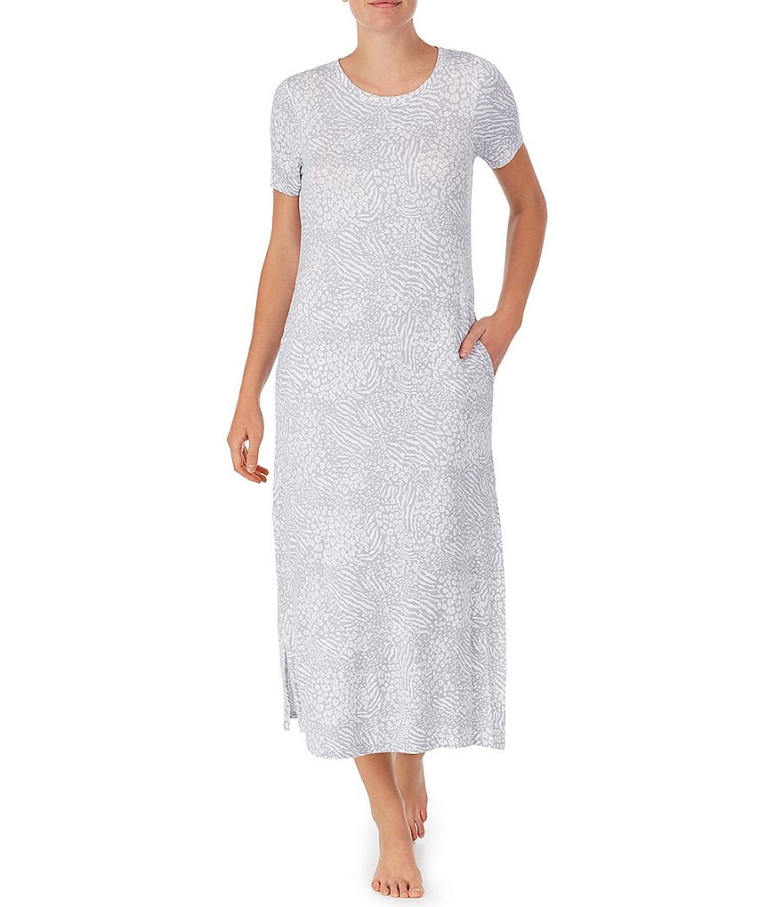 iRelax Animal Print Terry Knit Maxi Pajama Round Neck Short Sleeve Nightgown