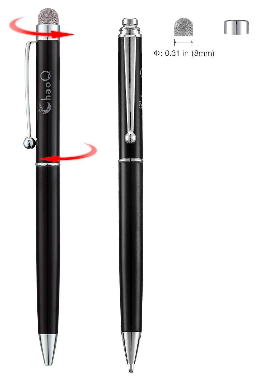 CHAOQ Stylus Pens, 2 Pcs Mesh Fiber Tip Stylus & Ballpoint Pen (Black Ink) for Universal Touchscreen Devices, Tablets, iPad, iPhone 7, 7 Plus, iPod, Samsung + 6 Replacement Mesh Fiber Tips - Black