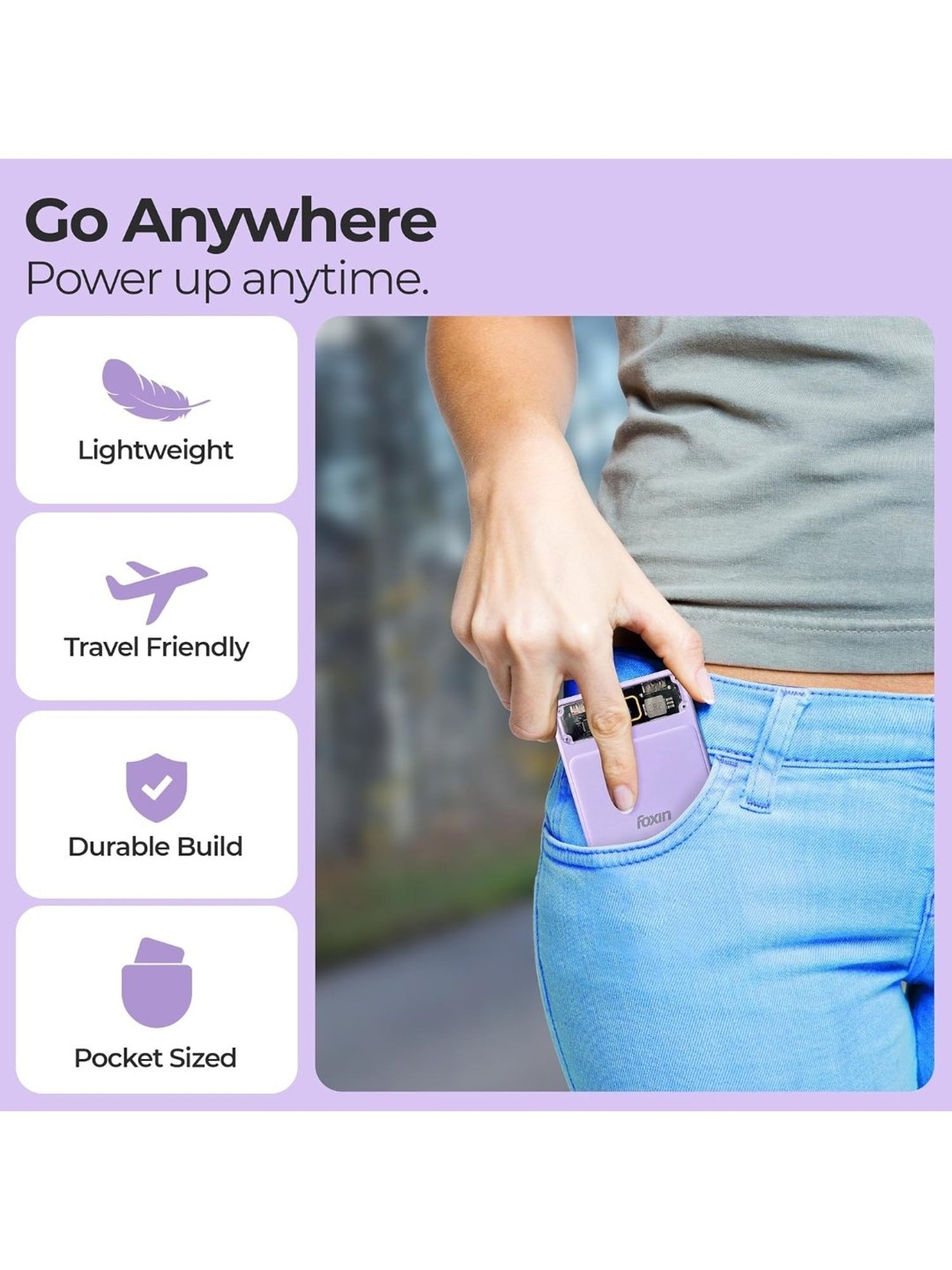 Foxin All-in-One 22.5W QC plus PD 10000 mAh Power Bank with Built-in Charging Cables (Purple)