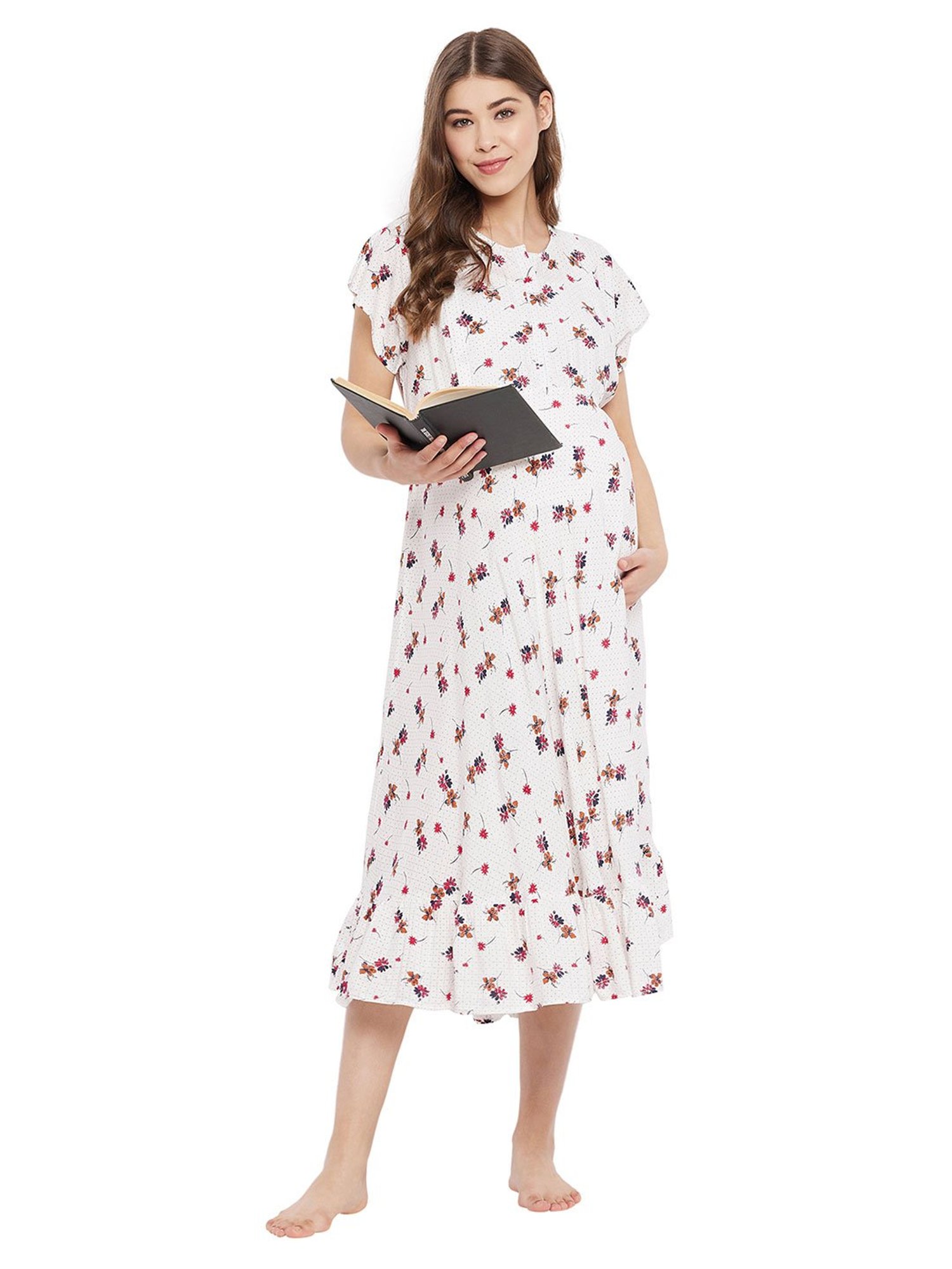 Hypernation White Floral Print Maternity Night Dress