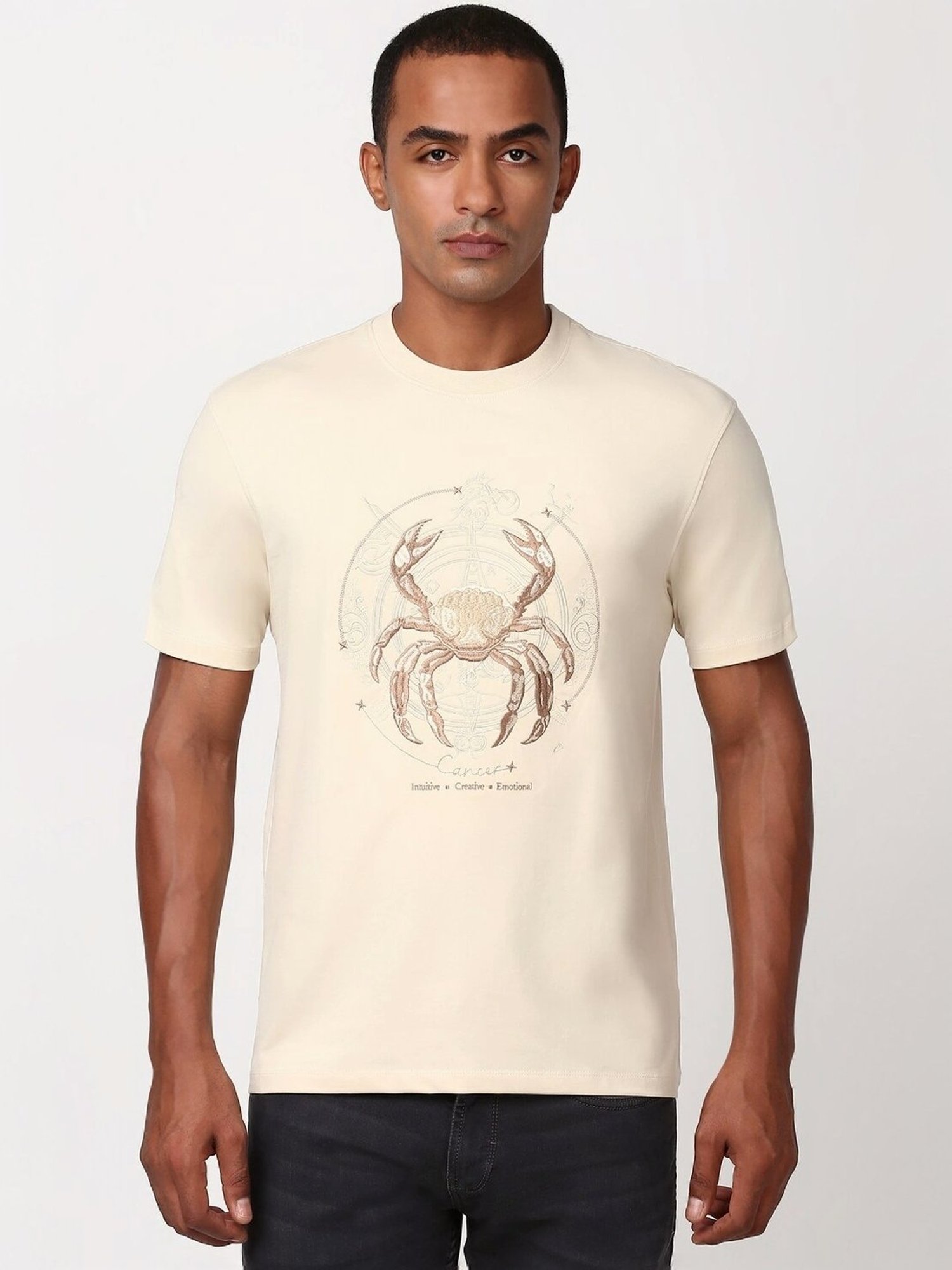 Peter England Beige Cotton Regular Fit Embroidered T-Shirt