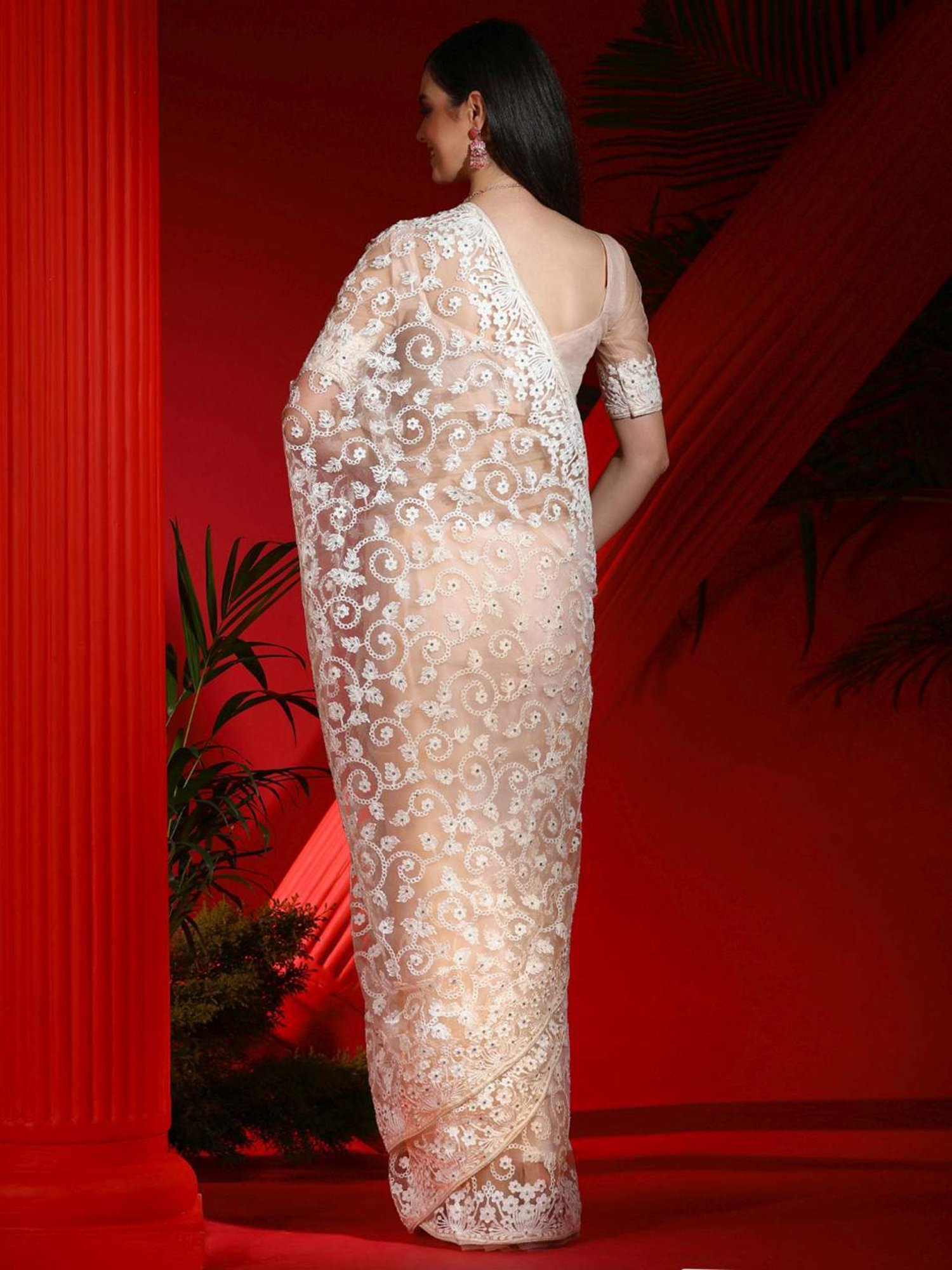 Saree Mall Peach Embroidered Saree With Unstitched Blouse