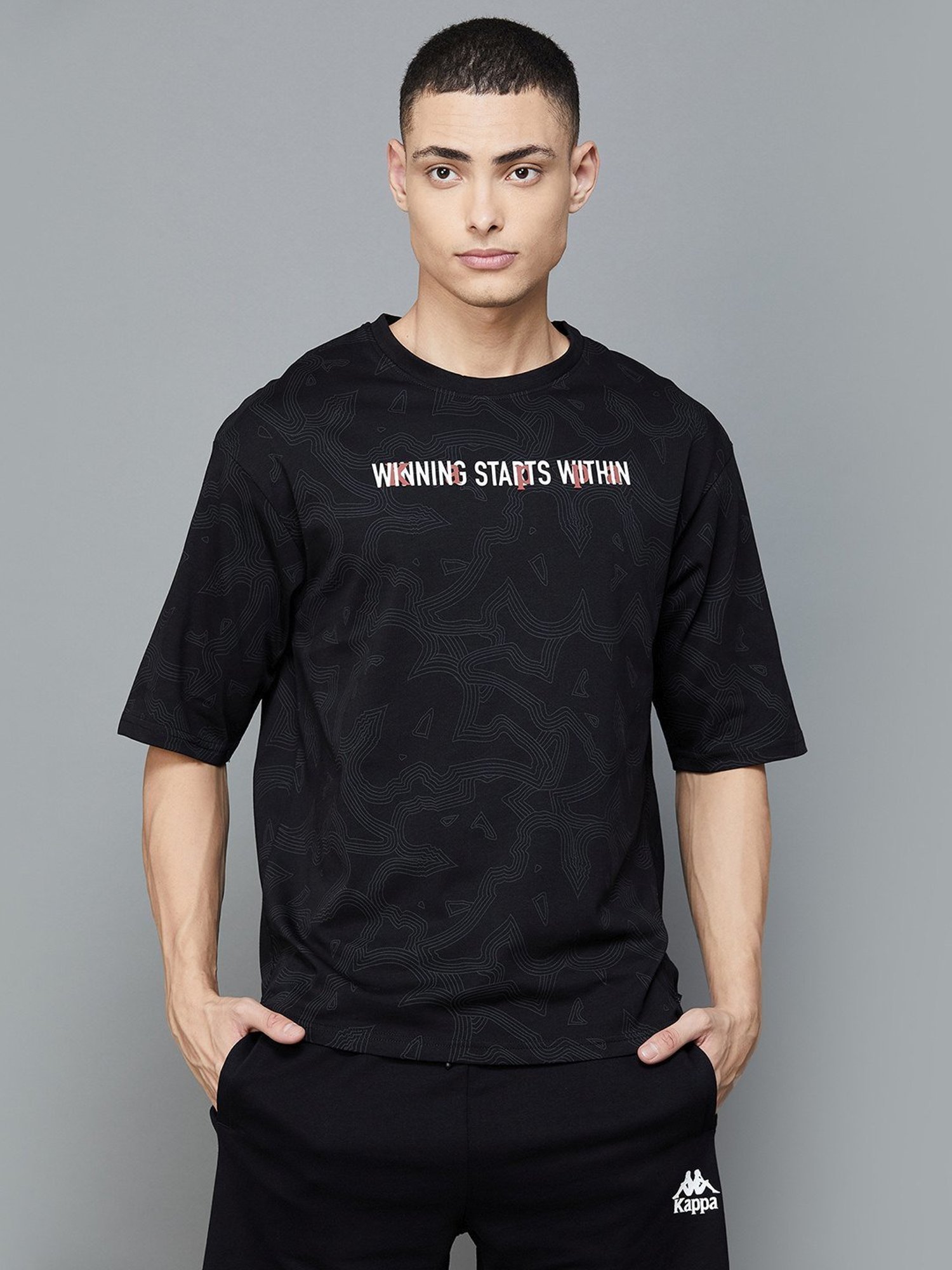 KAPPA Black Cotton Regular Fit Printed Sports T-Shirt