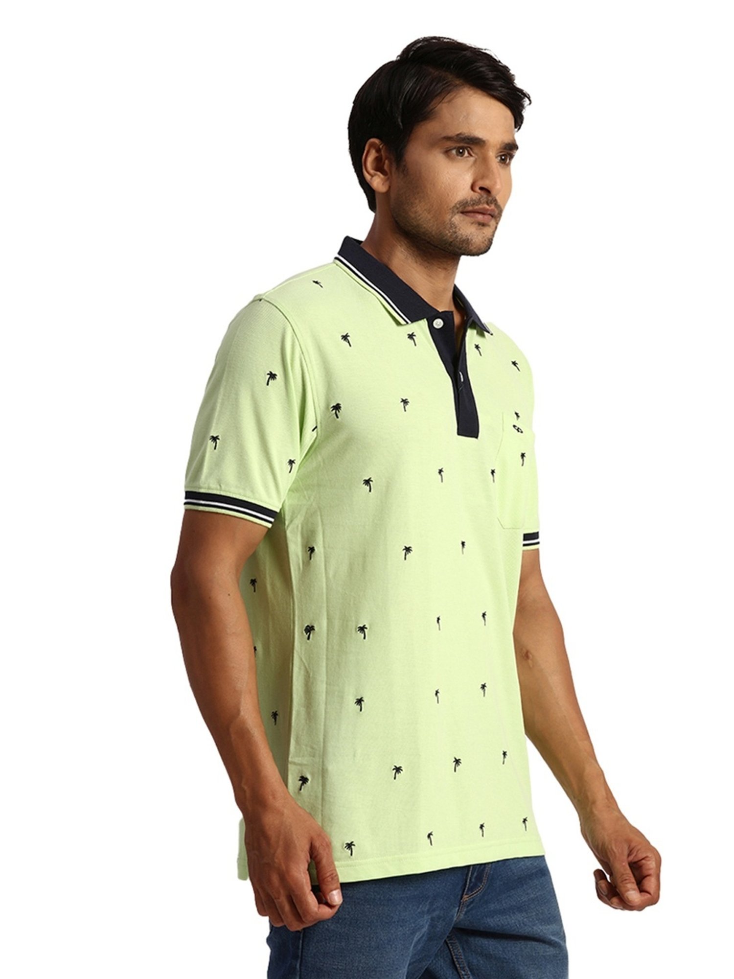 ColorPlus Green Cotton Tailored Fit Printed Polo T-Shirt