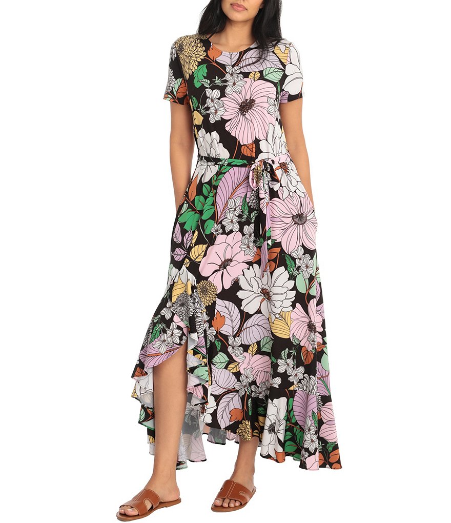 London Times Floral Side Flounce T-Shirt Maxi Dress