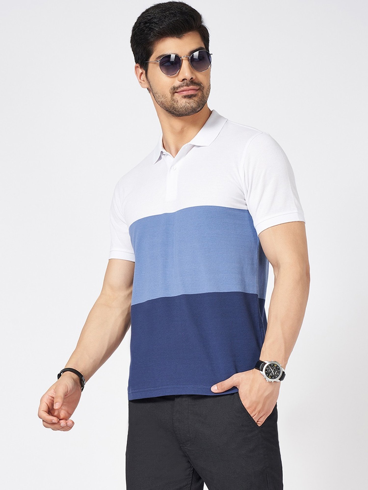 Byford By Pantaloons Blue Slim Fit Colour Block Polo T-Shirt