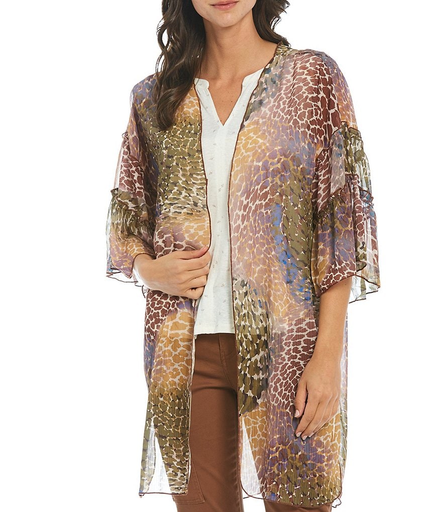 Democracy Giraffe Patchwork Print 3/4 Ruffle Sleeve Open-Front Kimono