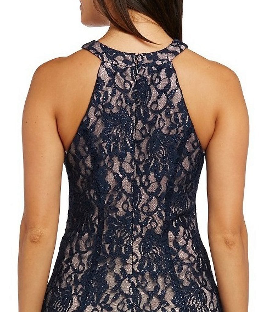 R & M Richards Long Glitter Lace Halter Neck Keyhole Front Sleevless Mermaid Dress