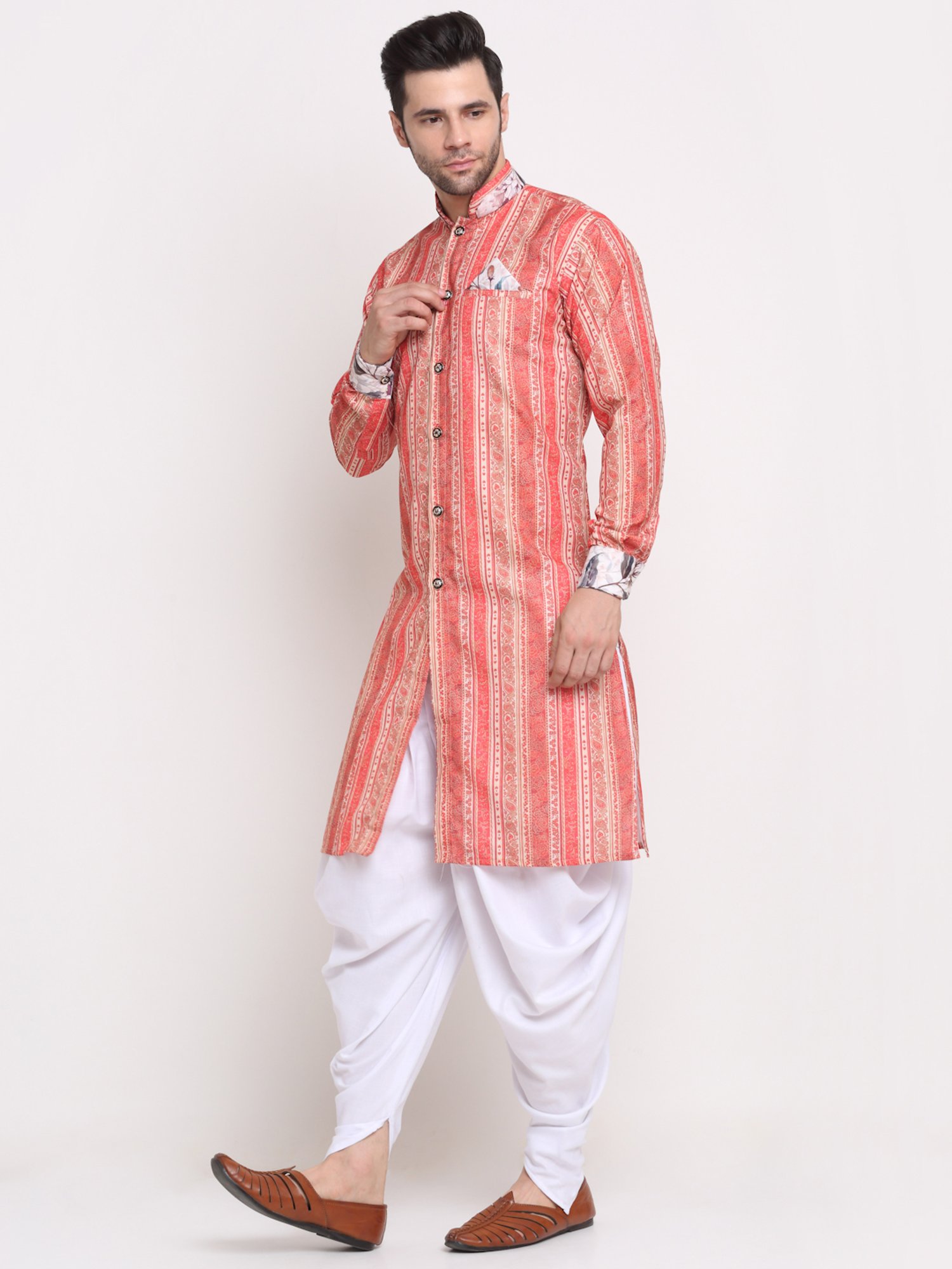 Benstoke Orange & Beige Cotton Regular Fit Printed Sherwani Set