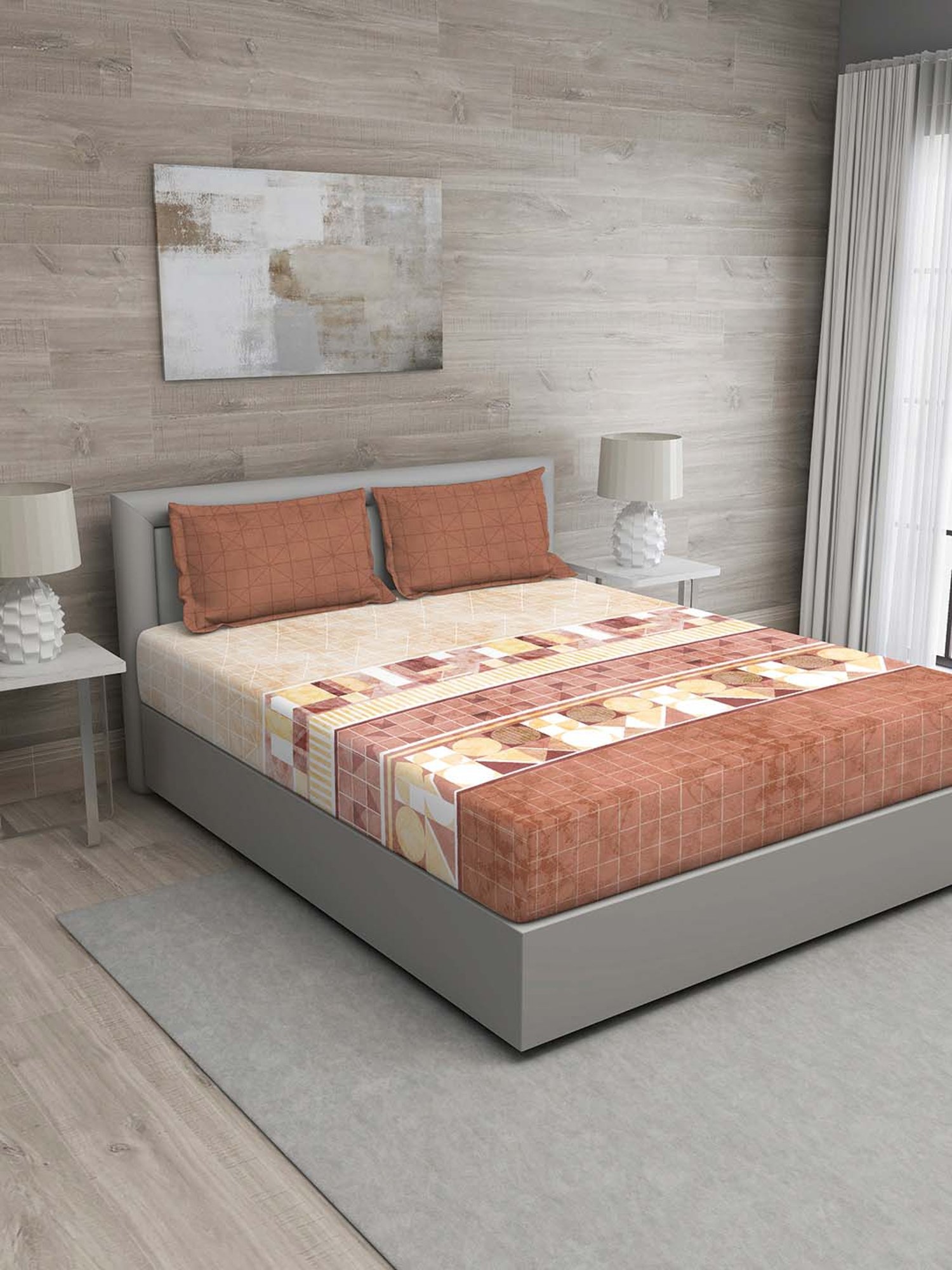 GM Brown & Beige 100% Cotton 150 TC Queen Bedsheet Set