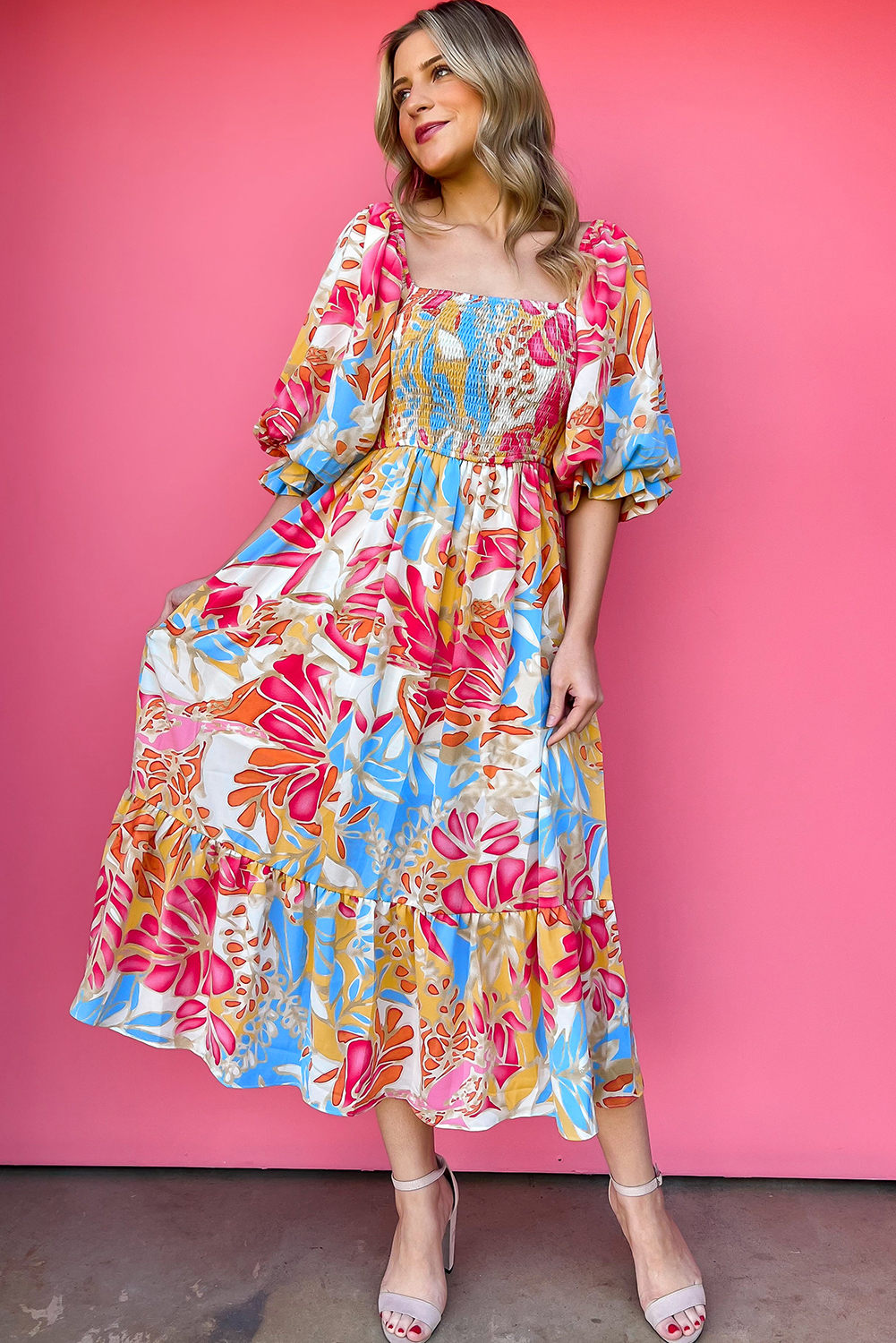 Multicolor Boho Floral Collared Long Sleeve Dress