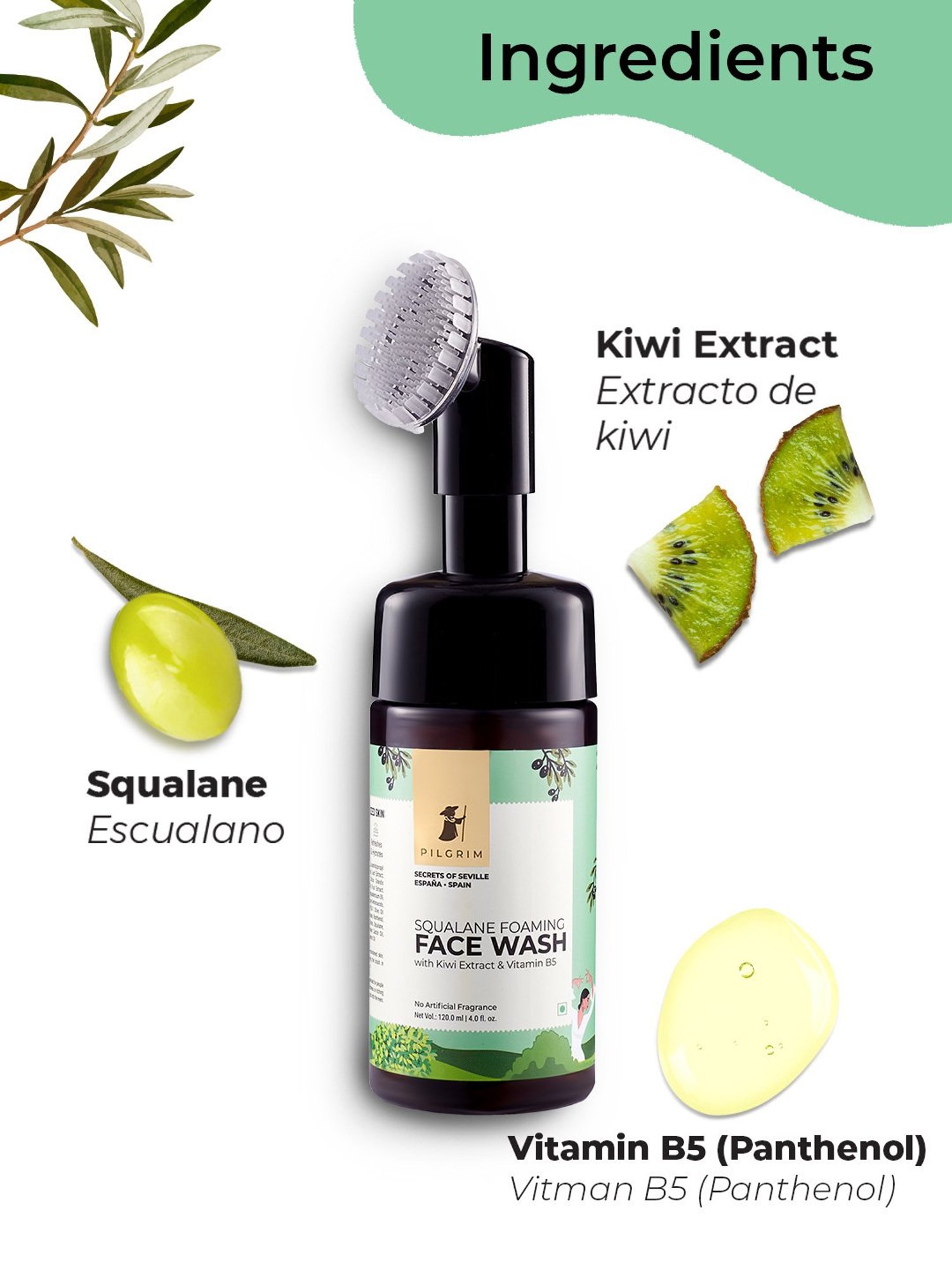 Pilgrim Squalane Foaming Face Wash with Kiwi Extracts & Aloe - 120 ml