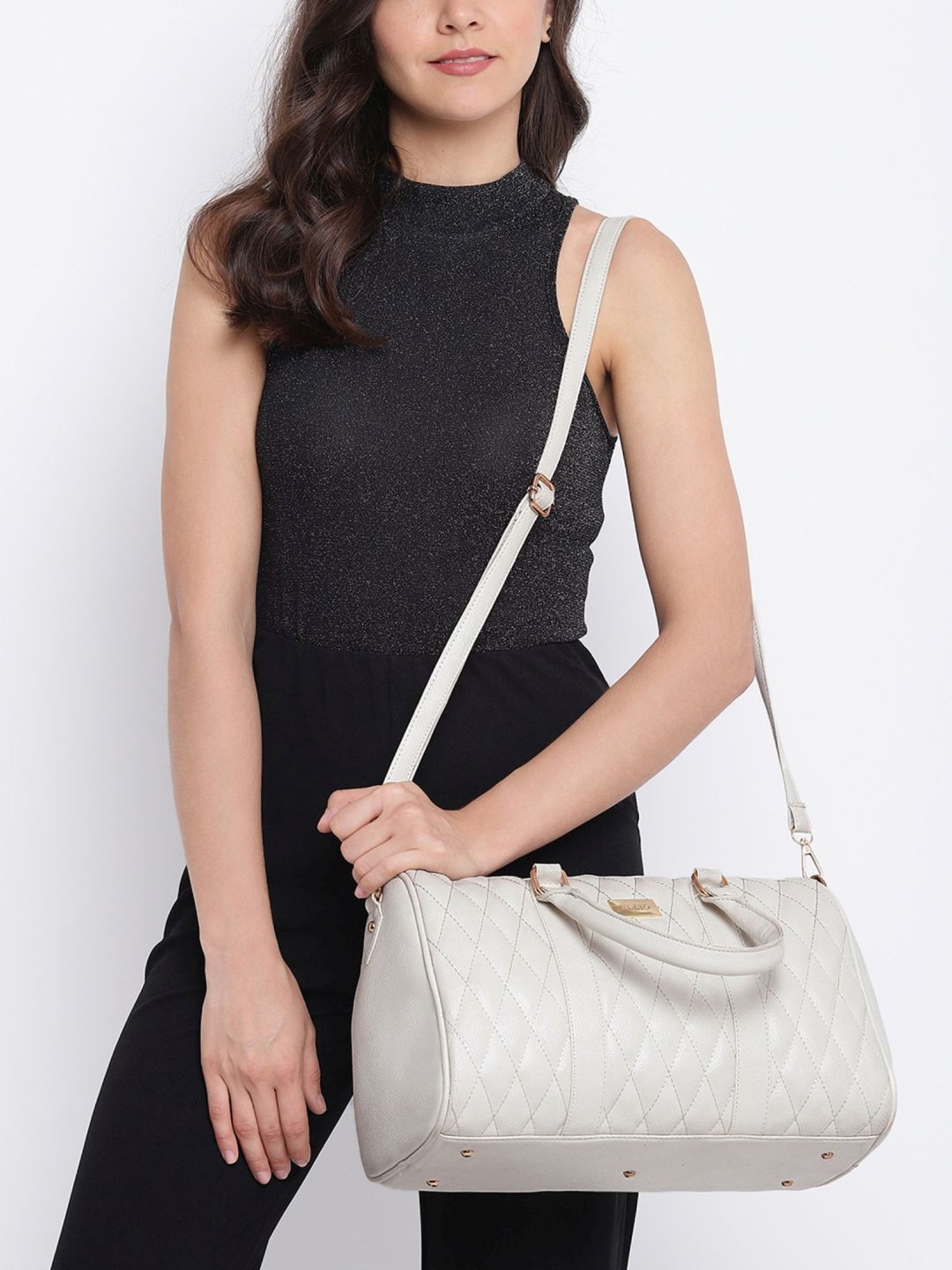 KLEIO White Textured Medium Bowler Handbag