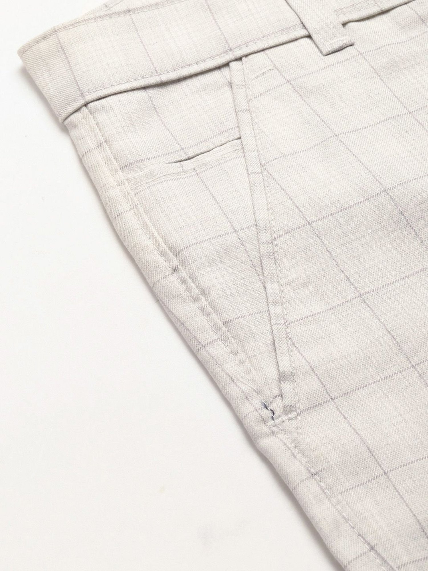 Sojanya Cream Cotton Regular Slim Fit Checks Flat Front Trousers