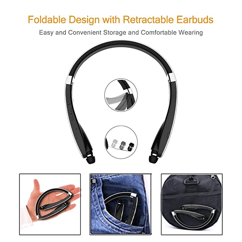 Foldable Bluetooth Headset  Lightweight Retractable Bluetooth Headphones for SportsExercise Noise Cancelling Stereo Neckband Wireless Headset with carry case