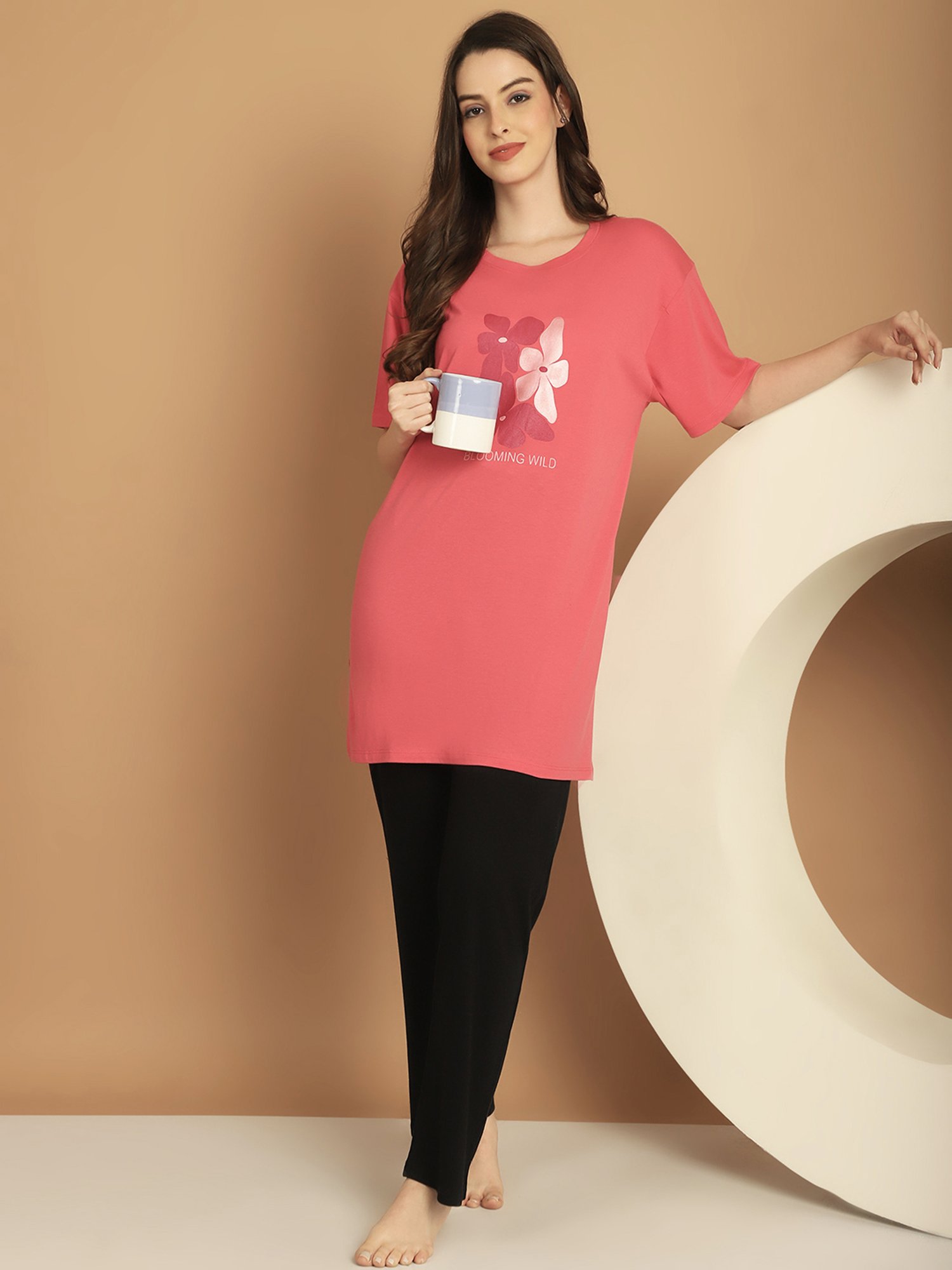 Kanvin Pink & Black Cotton Printed Tunic Pyjamas Set