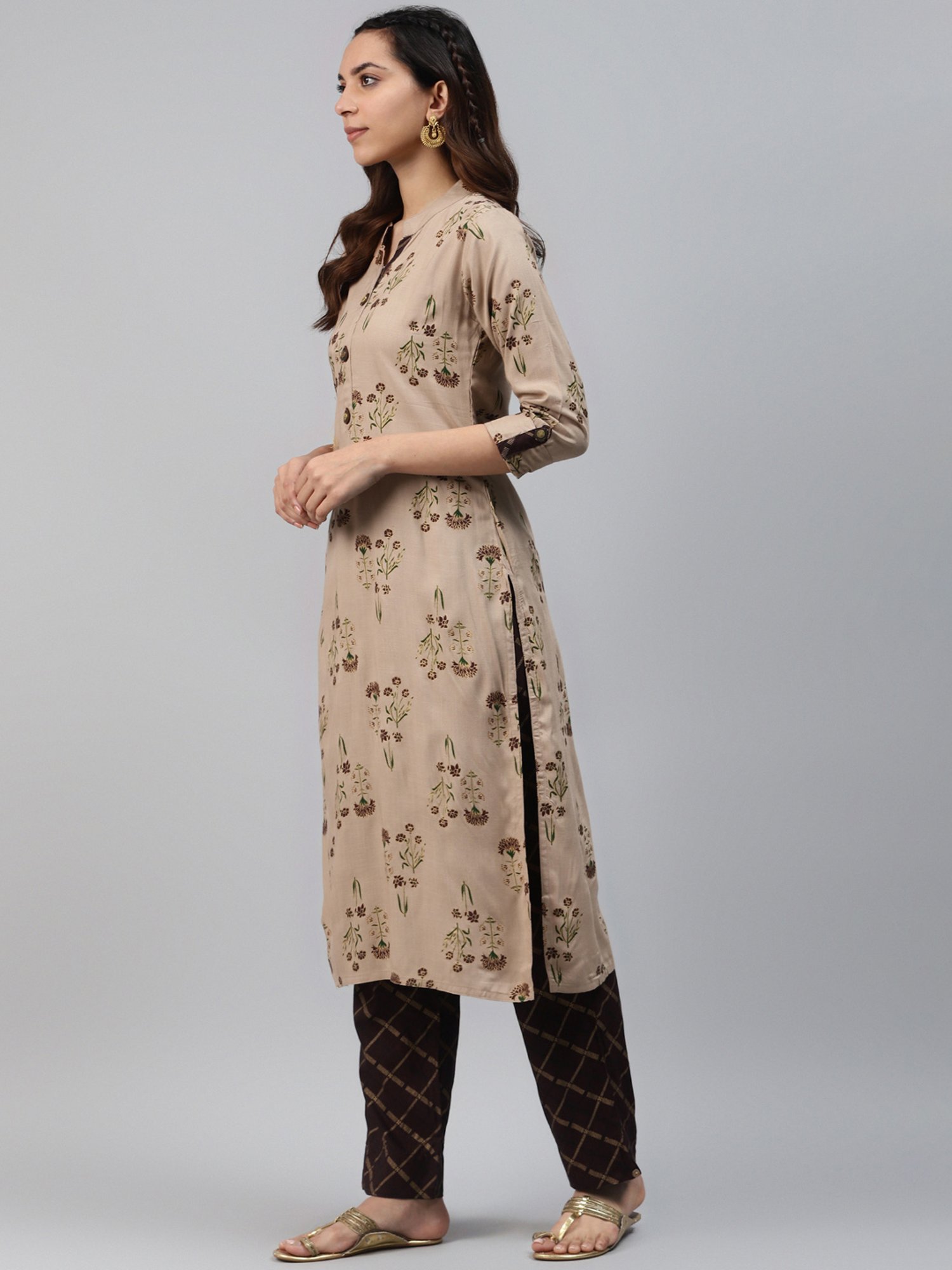 HIGHLIGHT FASHION EXPORT Beige & Brown Floral Print Kurta Pant Set
