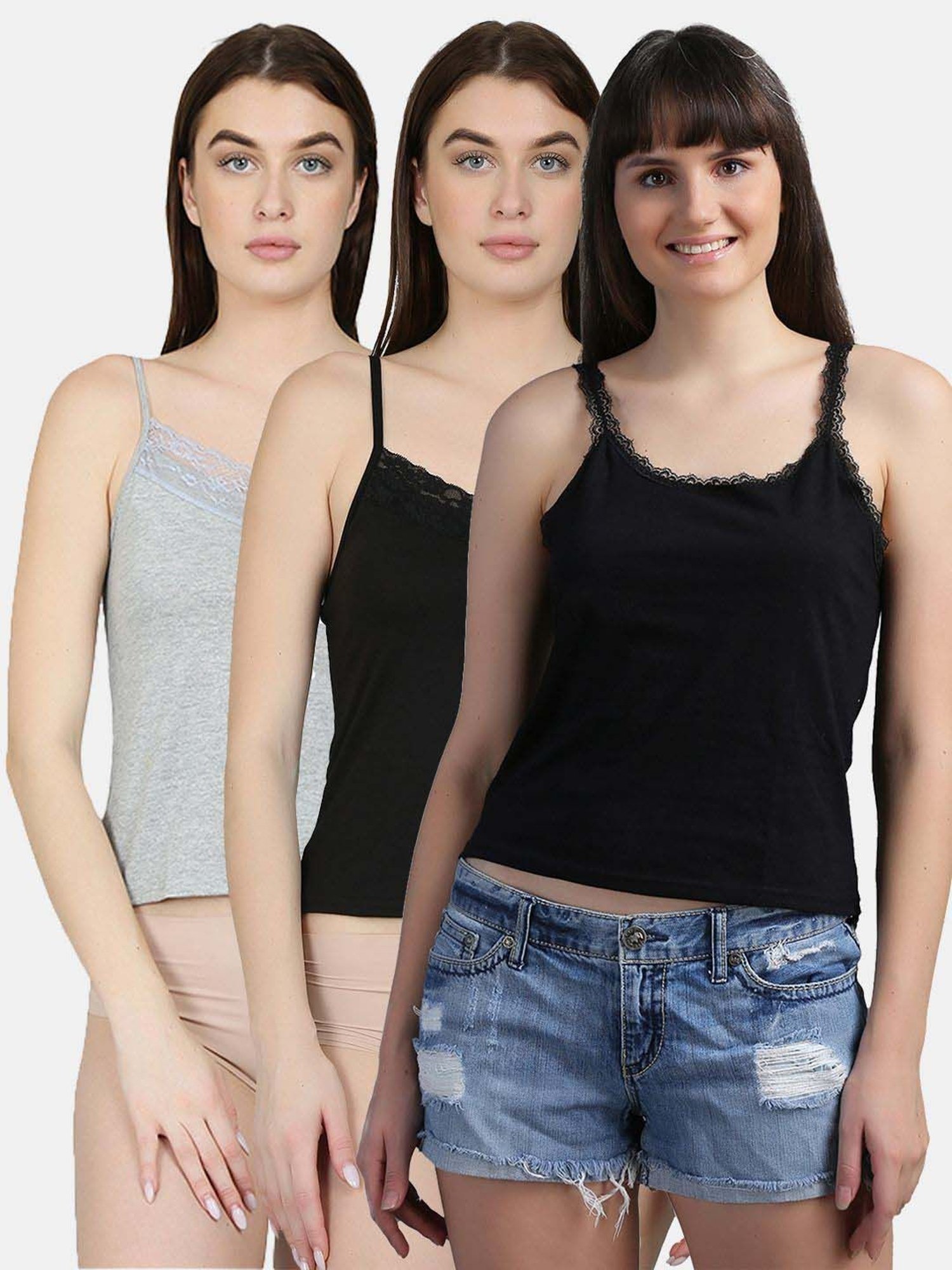 N-Gal Black & Grey Full Coverage Camisoles - Pack Of 3