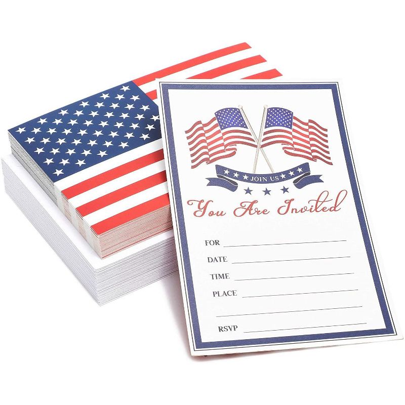 Pipilo Press 36 Pack American Flag Flat Invitation Cards Set with Envelopes for Patriotic Party, 4 x 6 in