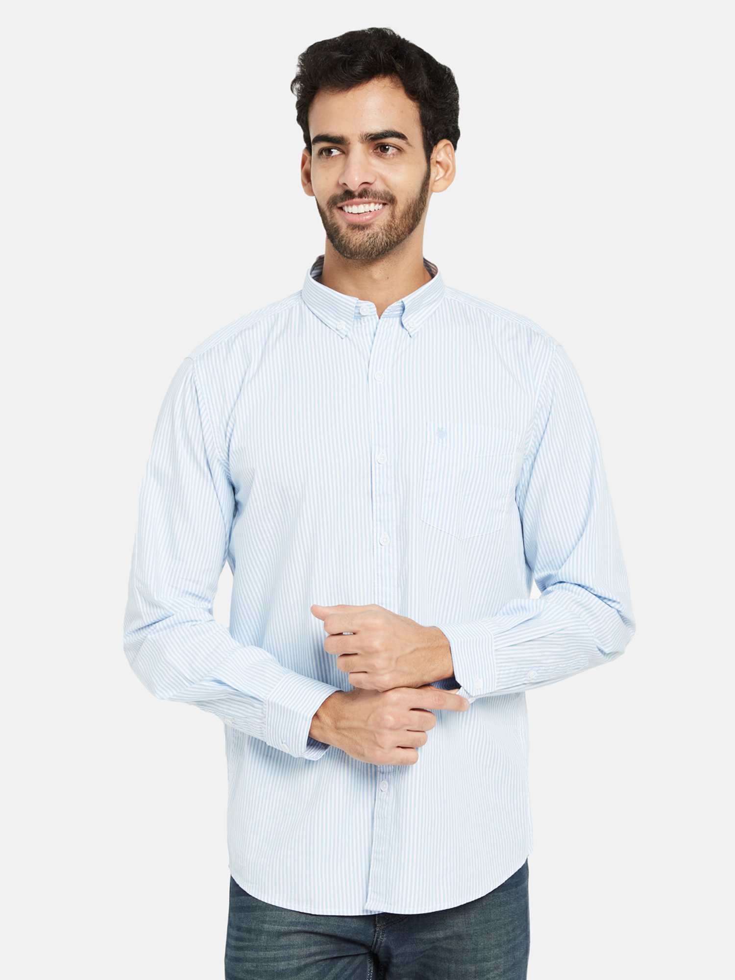 METTLE Blue Regular Fit Striped Shirt