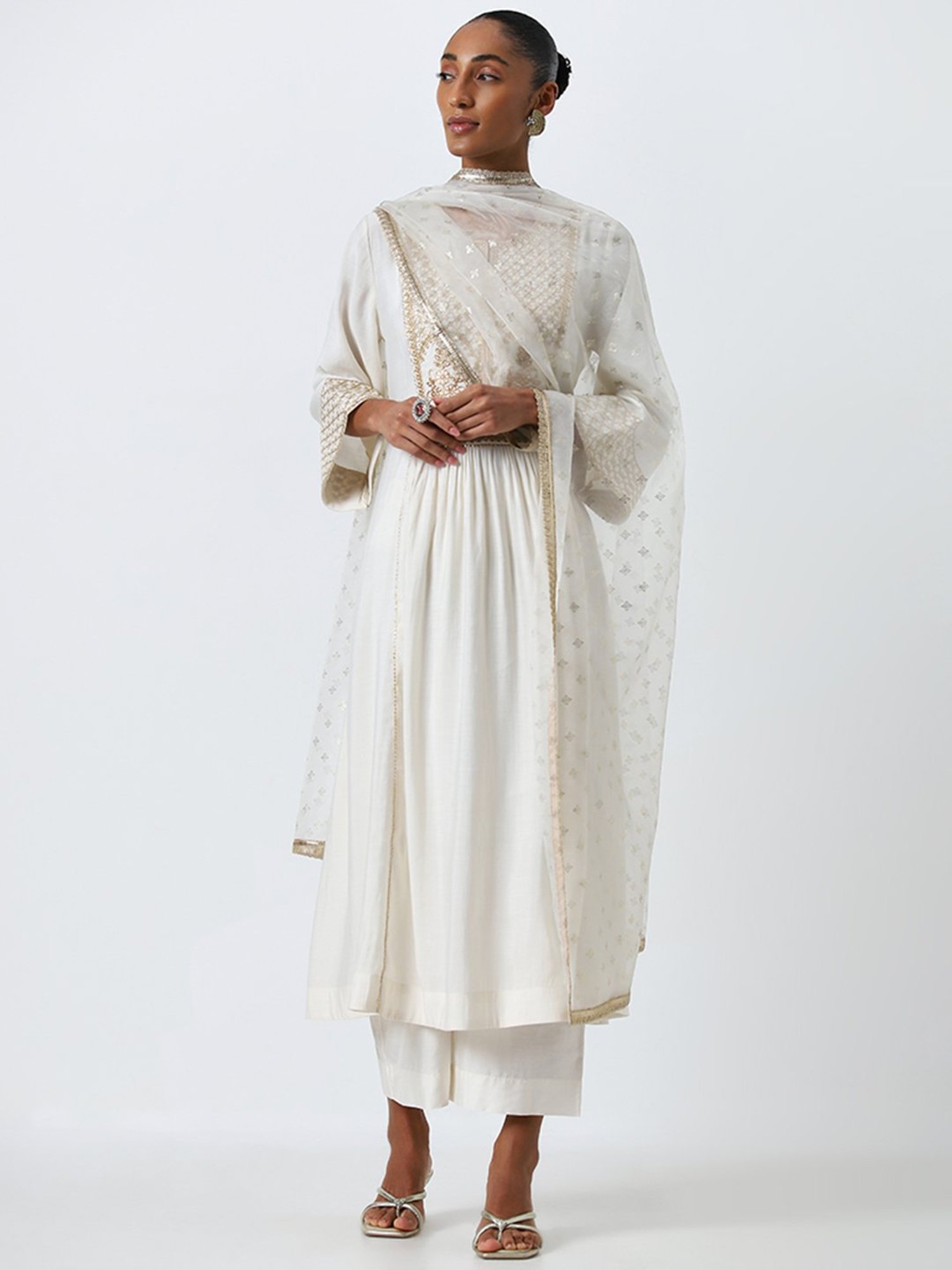 Vark by Westside White Embellished Kurta, Ethnic Pants and Dupatta Set
