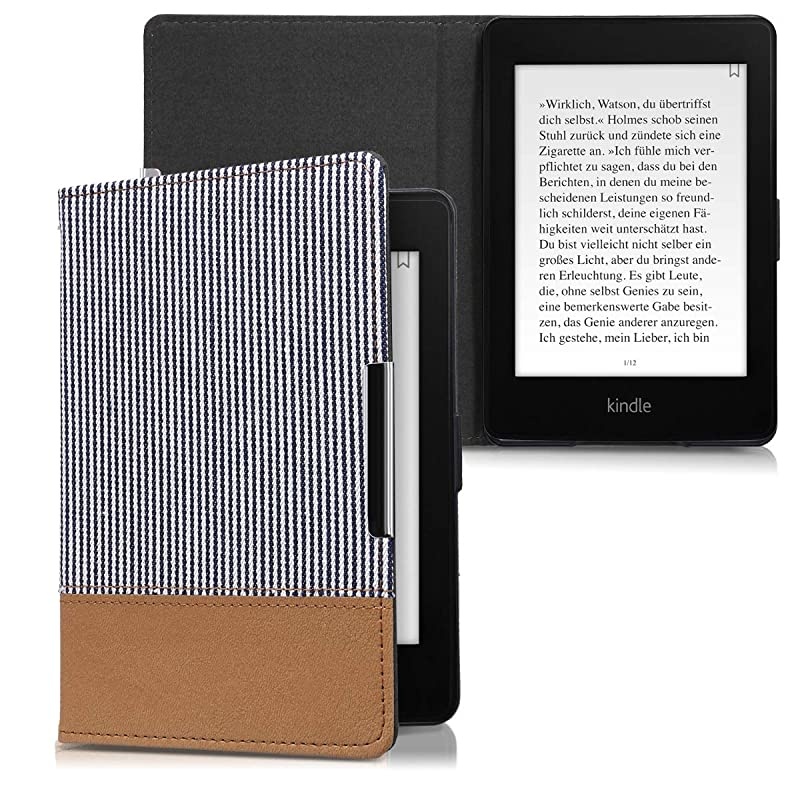 Case Compatible with  Kindle Paperwhite - PU Leather/Canvas Cover - (for 2017 and Older) Stripes Blue/White