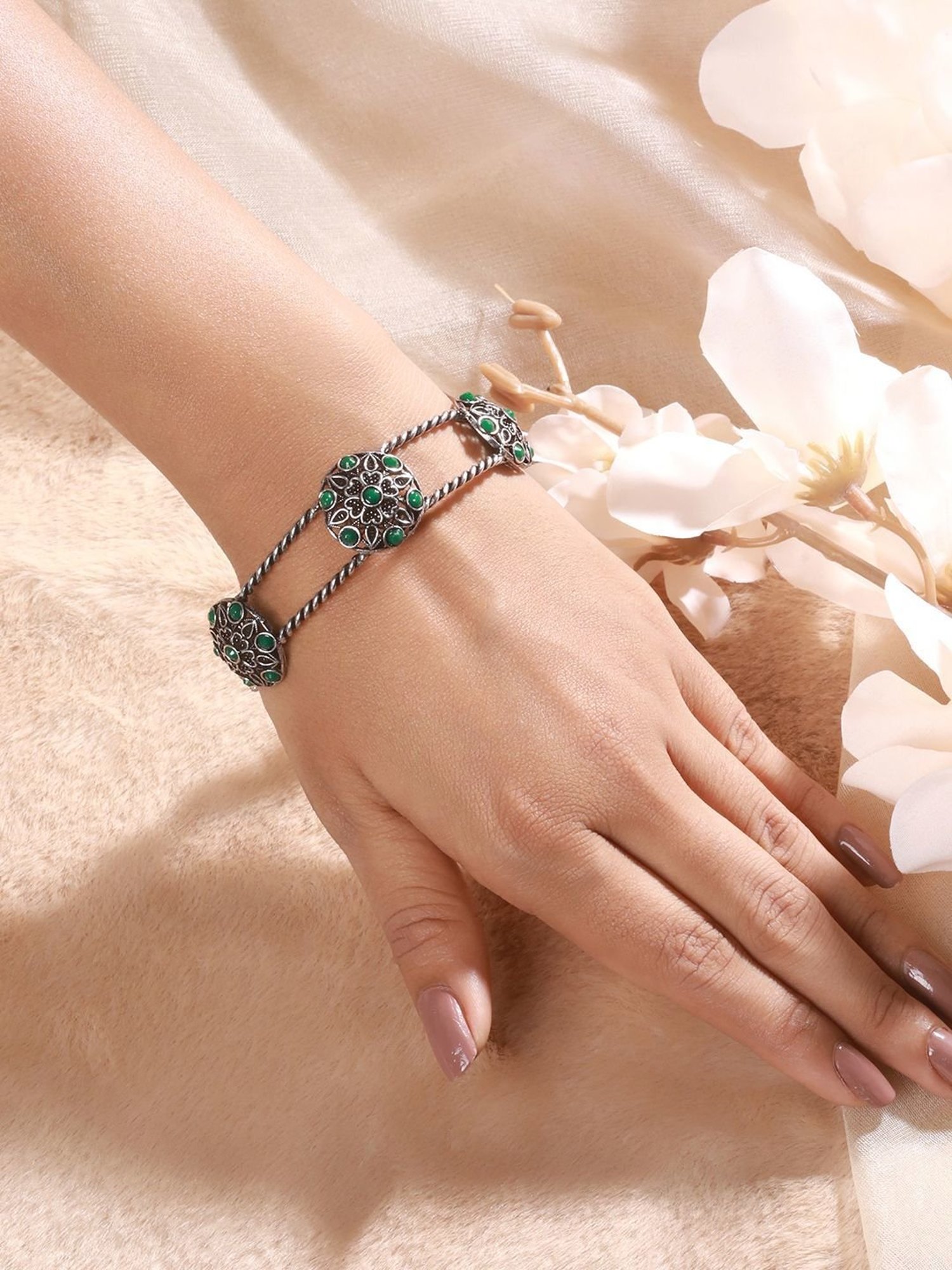 Aatmana Silver-Plated Green Stone-Studded Oxidized Handcrafted Cuff Style Bracelet