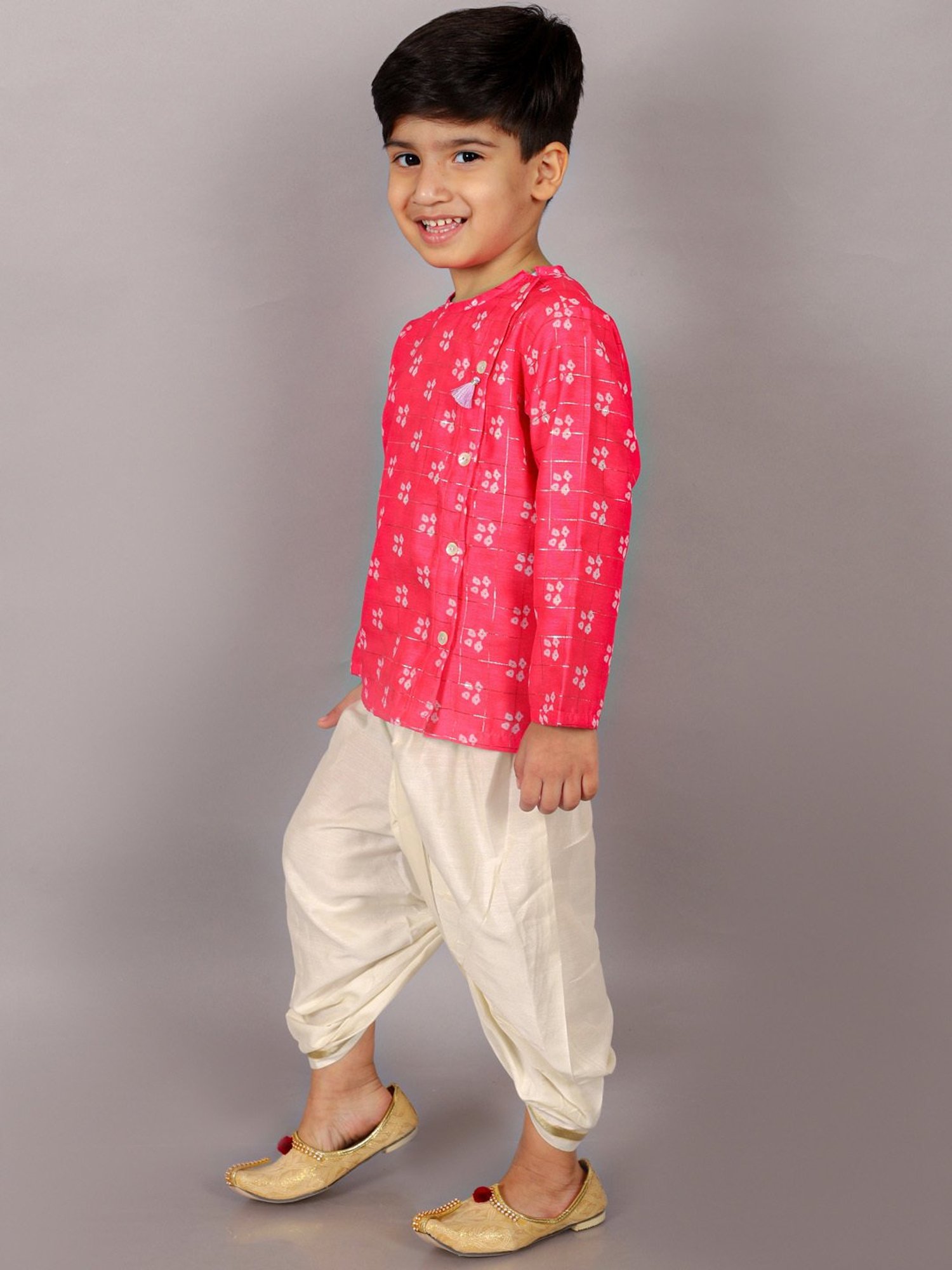 Lil Drama Kids Pink & White Printed Full Sleeves Kurta with Dhoti