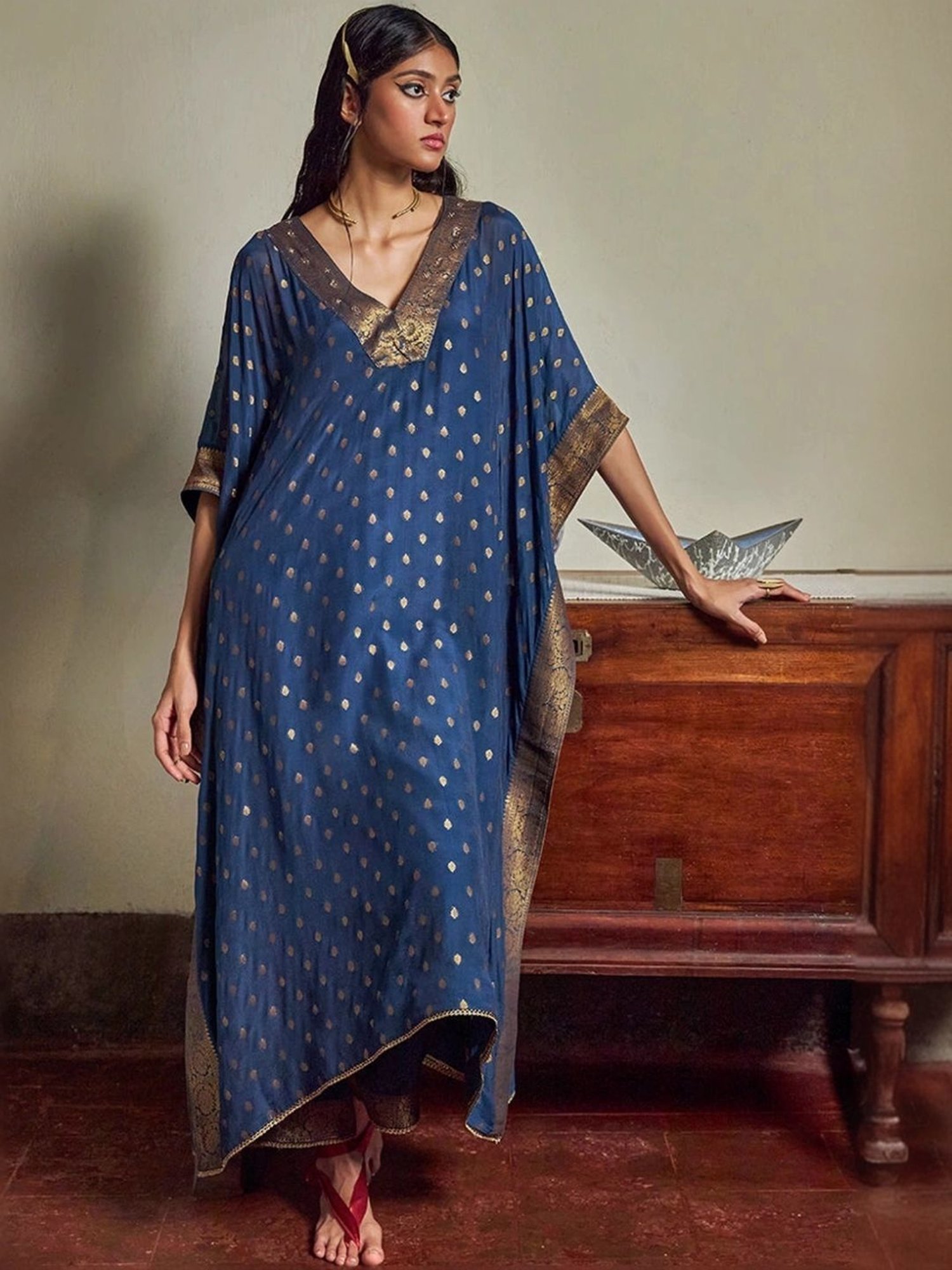Ganga Fashions Blue Opal Woven Kaftan with Pant