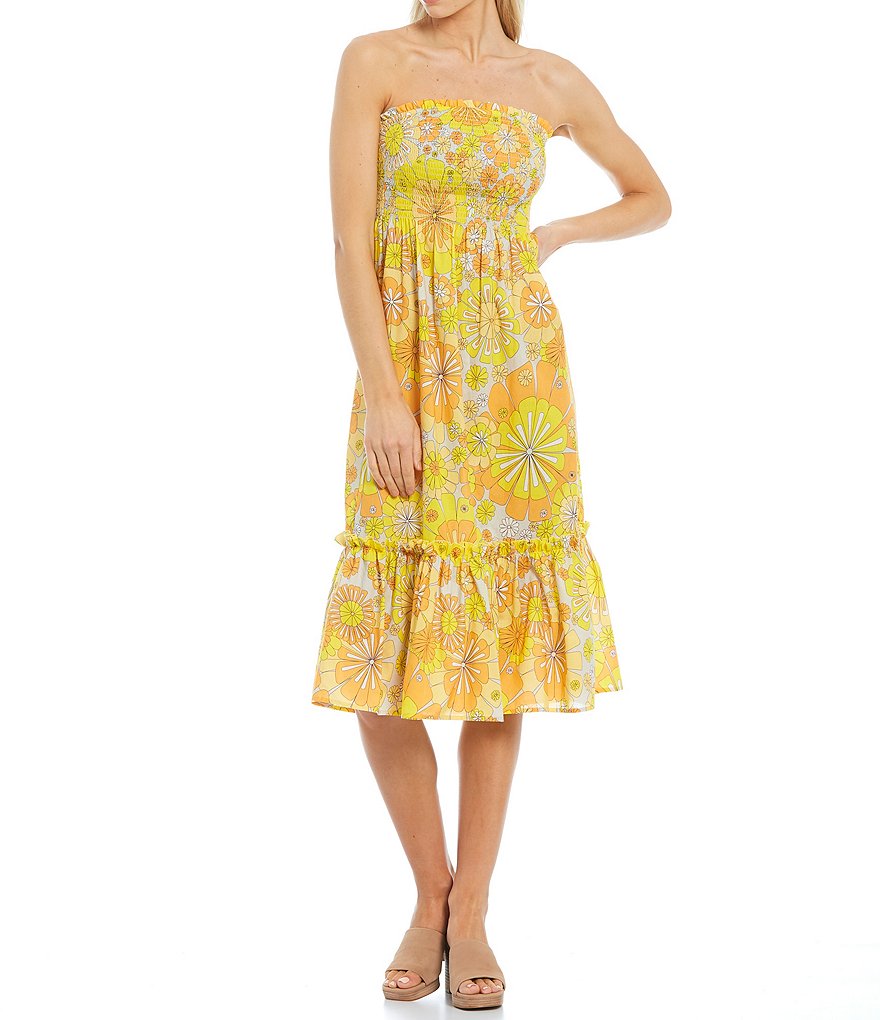 Julie Brown Hampton Floral Print Ruffle Hem Strapless Smocked Dress