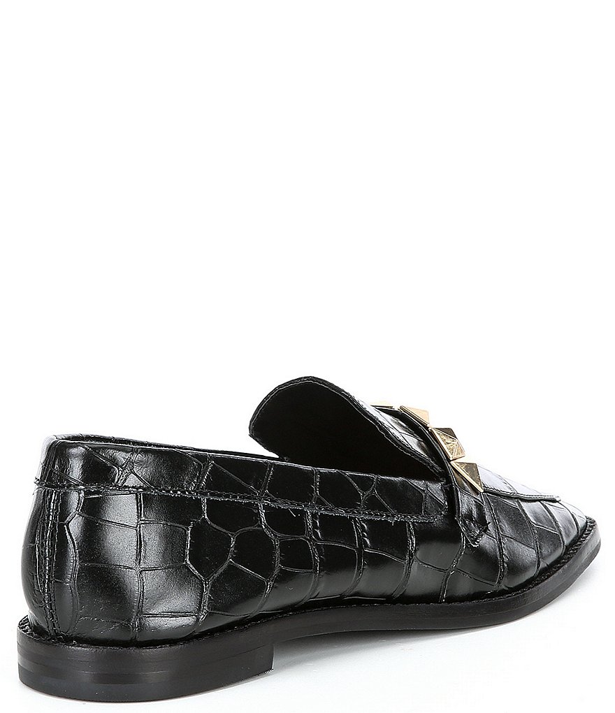 Schutz Pinky Croco Print Leather Studded Strap Loafers