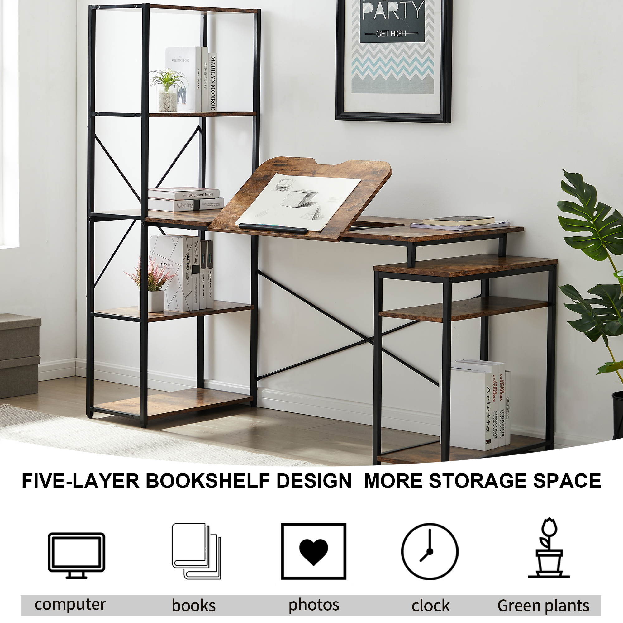 Home office Computer Desk Multi-Function Drafting Drawing Table with 5-Tier Bookshelf and 2 open Storage Shelf and Tiltable Desktop for Artist or Student(Brown)