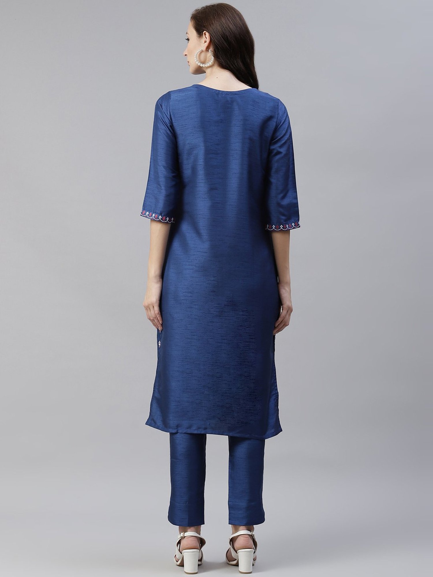 Ziyaa Blue & Gold Floral Print Kurta Pant Set