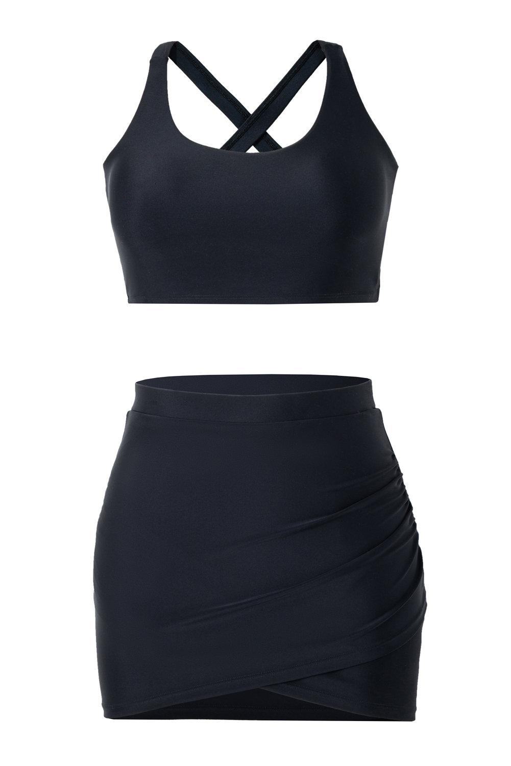 Black Plain Crossover Bikini Tank and Skort Swimwear