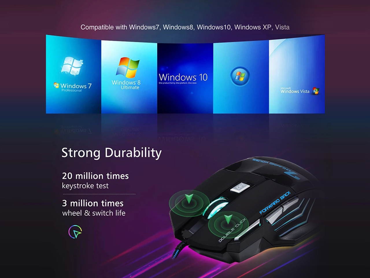 MS-7 Gaming Mouse USB Wired Computer Mouse RGB 7 Color Backlit 7200 DPI Gaming Mice, Silent Stable Mice for PC, Office, Learning, Gamer