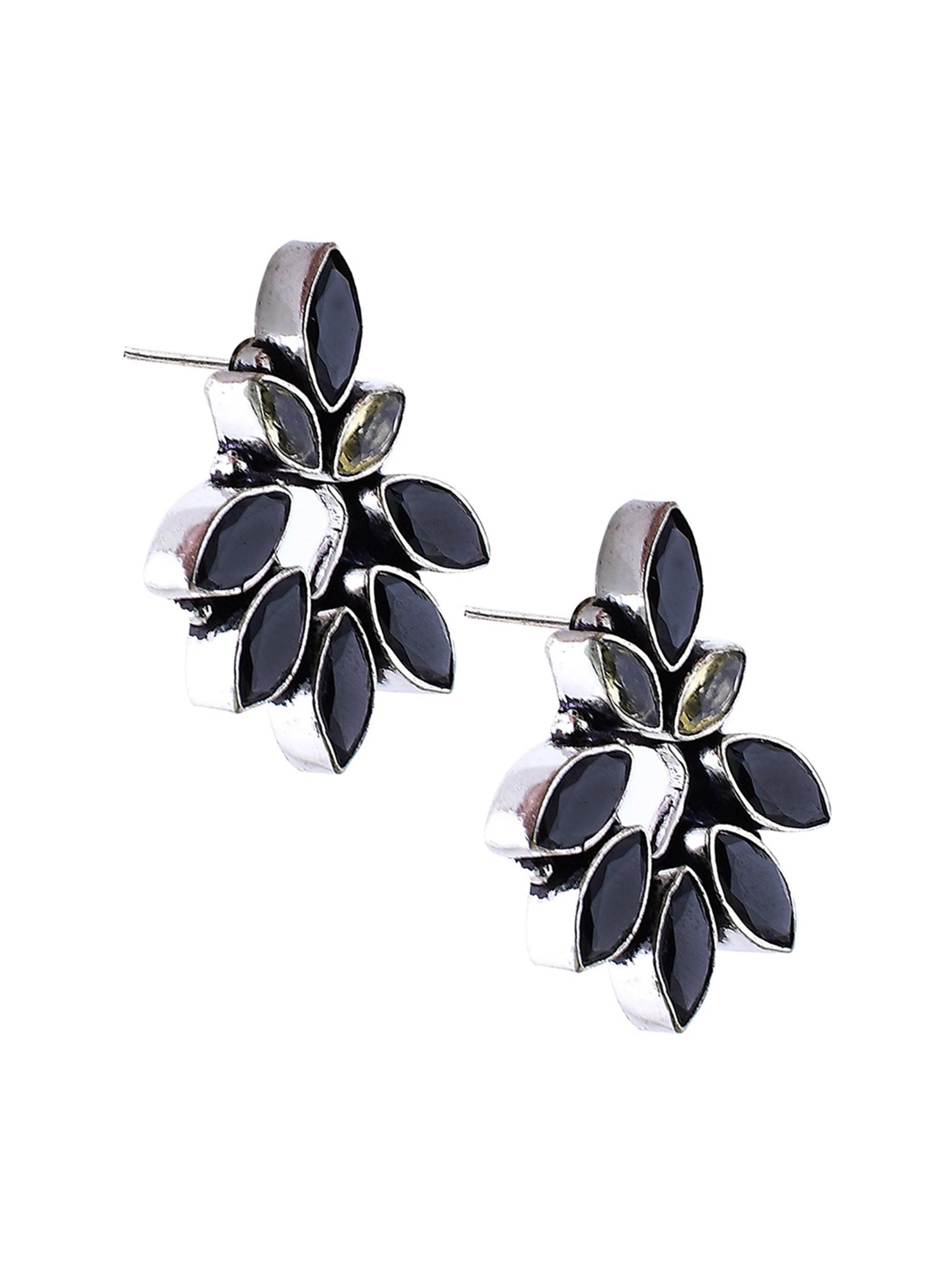 Imli Street Black Silver Tone Stone-Studded Handcrafted Stud Earrings