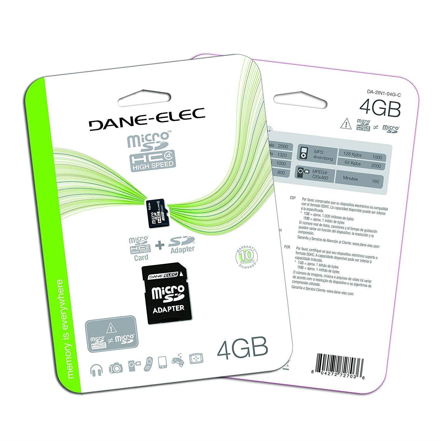 Dane-Elec 4 GB Class 4 microSDHC Flash Memory Card with SD Adapter DA-2IN1-04G-R