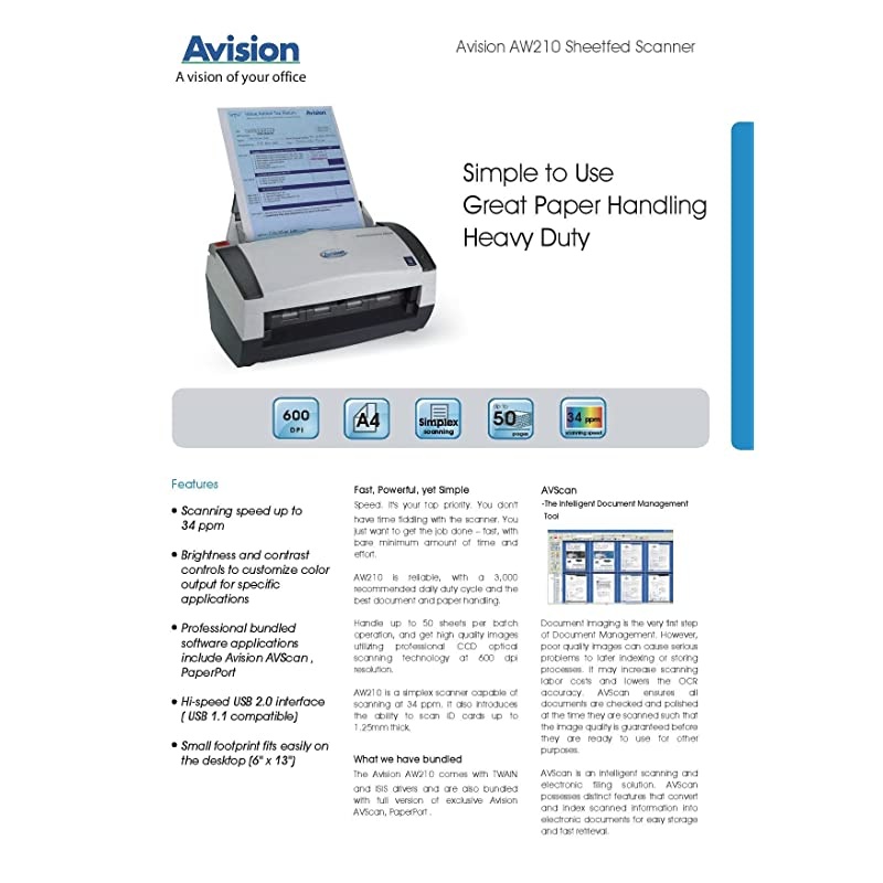 AW210 is a simplex sheetfed Color Scanner with The Best Document and Paper handling Functions.