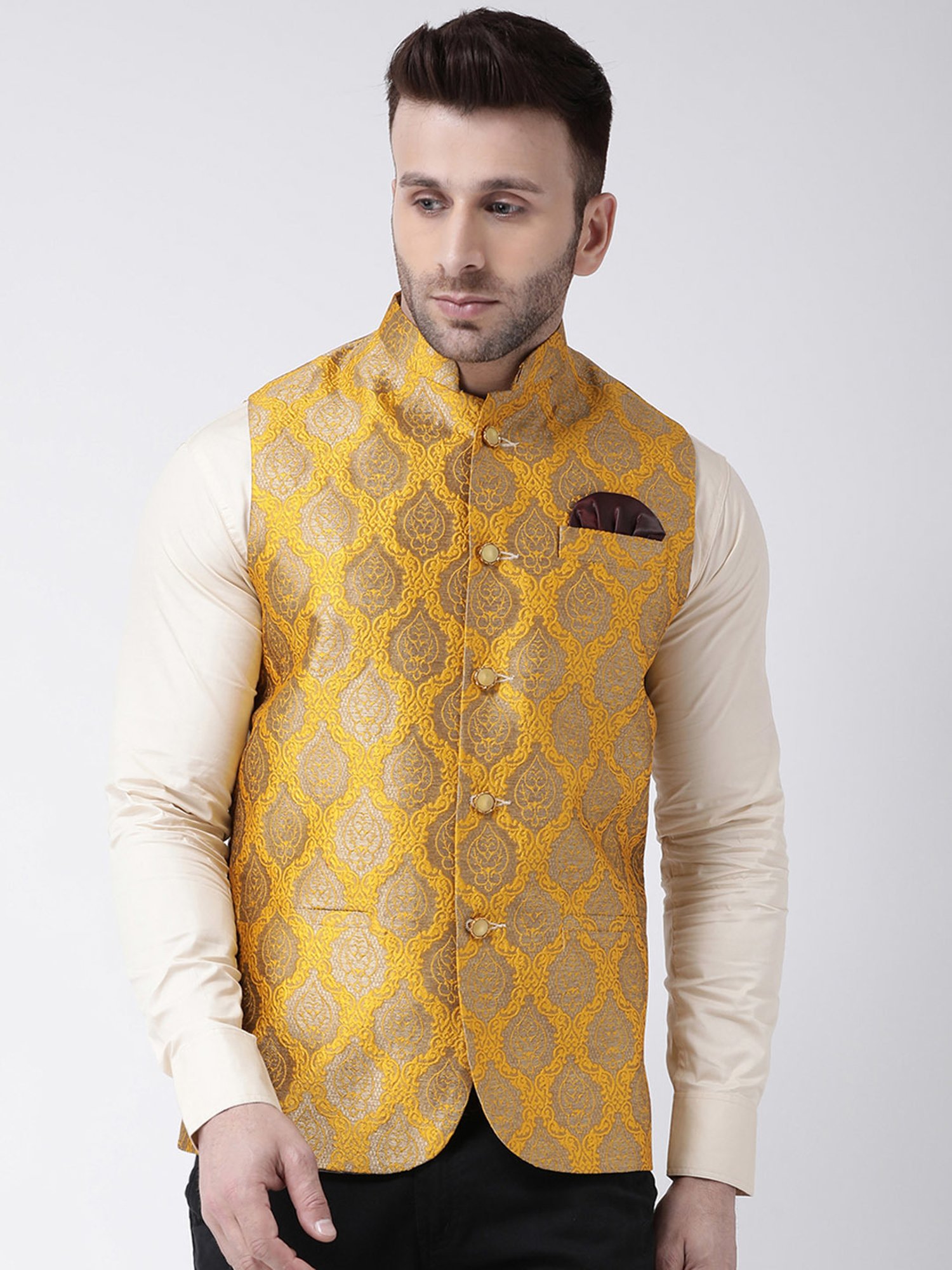 Hangup Plus Mustard Regular Fit Jacquard Nehru Jacket