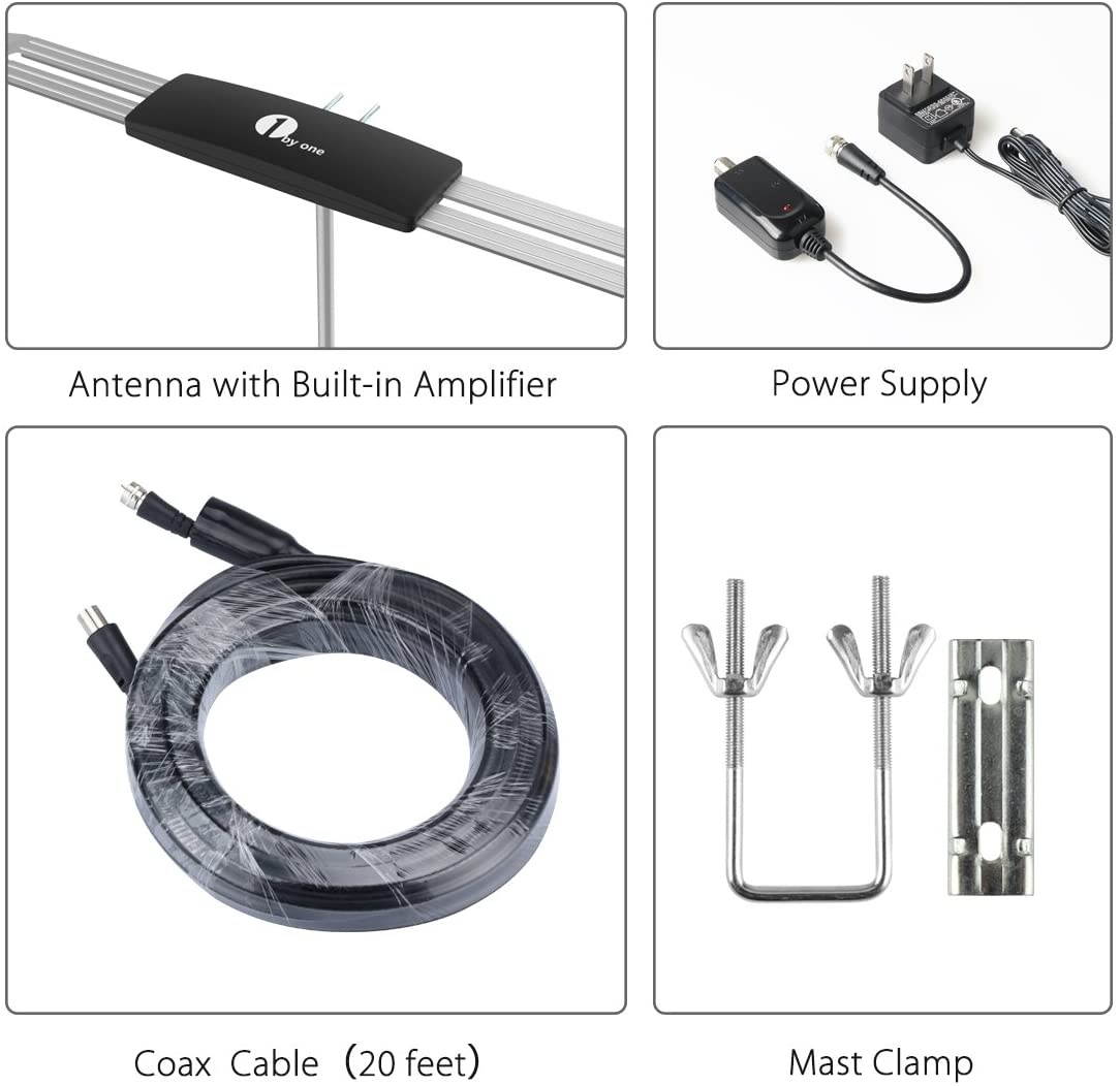Outdoor TV Antenna - 1byone Wing Amplified Digital HDTV Antenna-Long Range for Outdoor/Attic/Roof TV Antenna with Enhanced VHF/UHF/FM Reception, 20 Feet High Performance Coaxial Cable