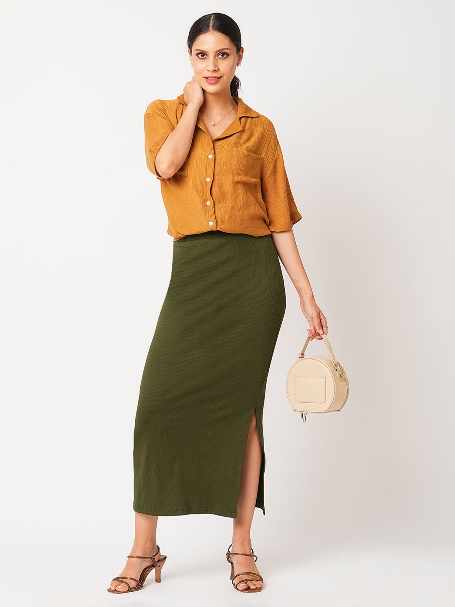 Globus Olive Self Design Midi Skirt