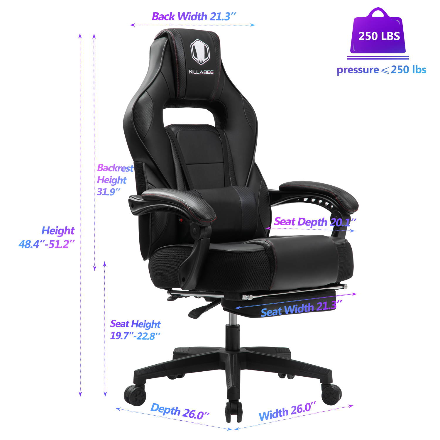 KILLABEE Massage Gaming Chair High Back PU Leather PC Racing Computer Desk Office Swivel Recliner with Retractable Footrest and Adjustable Lumbar Support