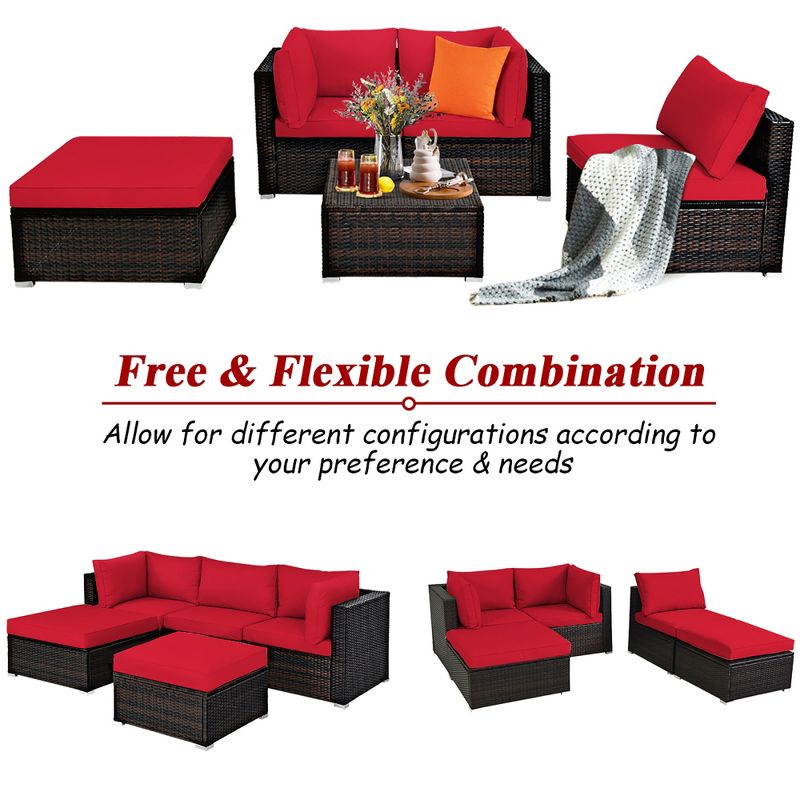 Costway 5PCS Patio Rattan Furniture Set Sectional Conversation Set Ottoman Table Red