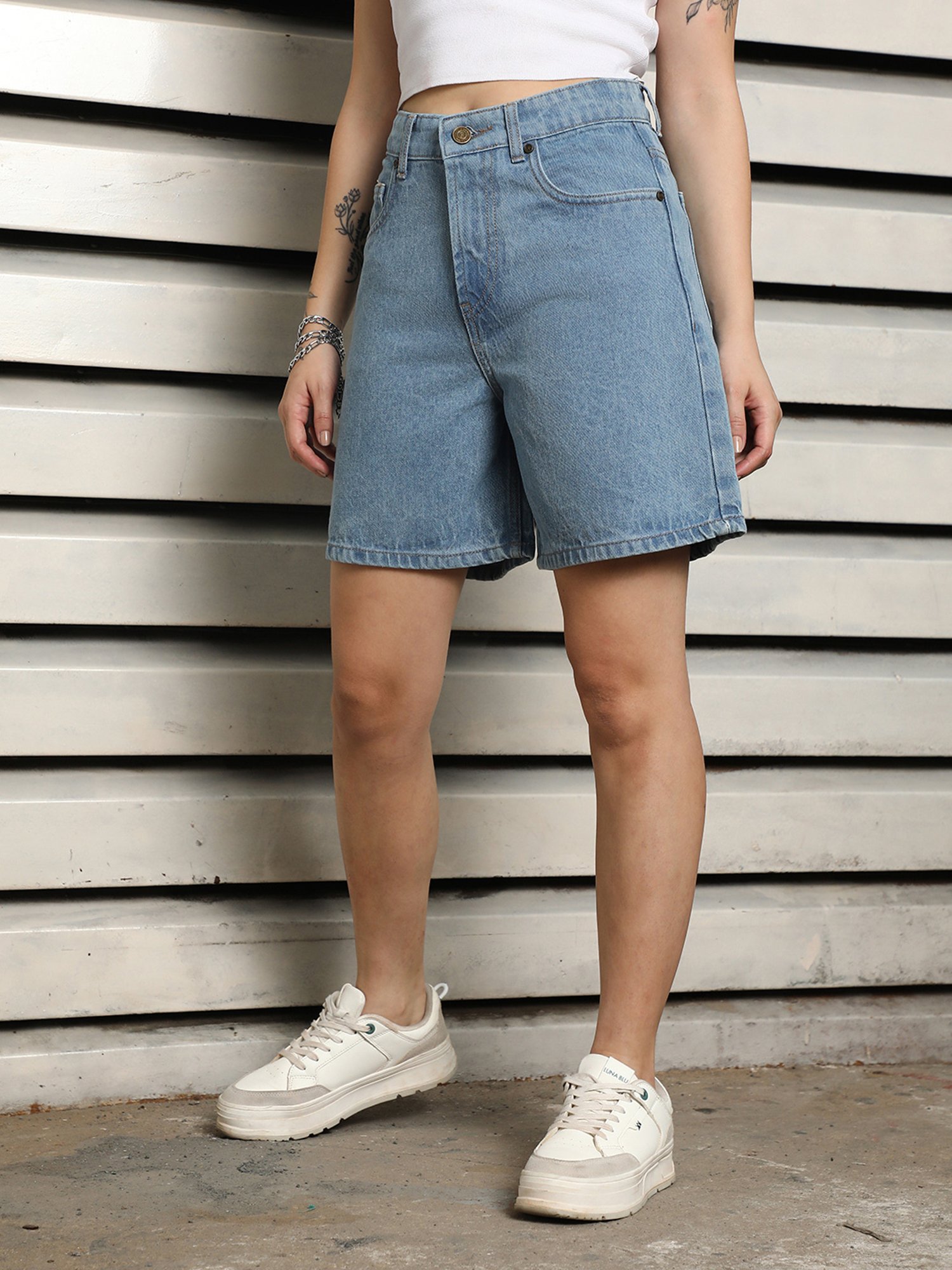 High Star Blue Cotton Regular Fit Shorts