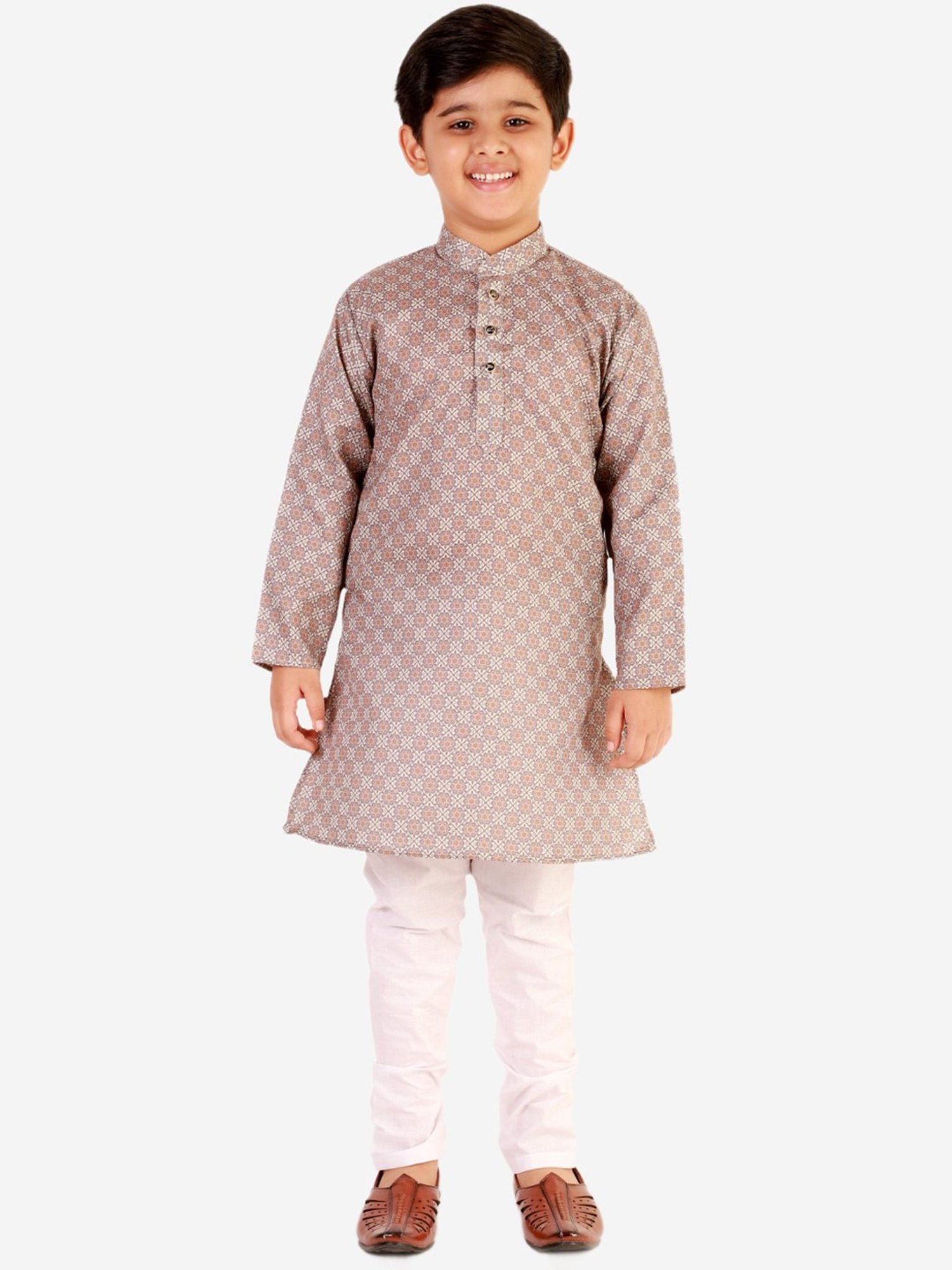 Pro-Ethic Style Developer Kids Light Brown & White Floral Full Sleeves Kurta with Pyjamas