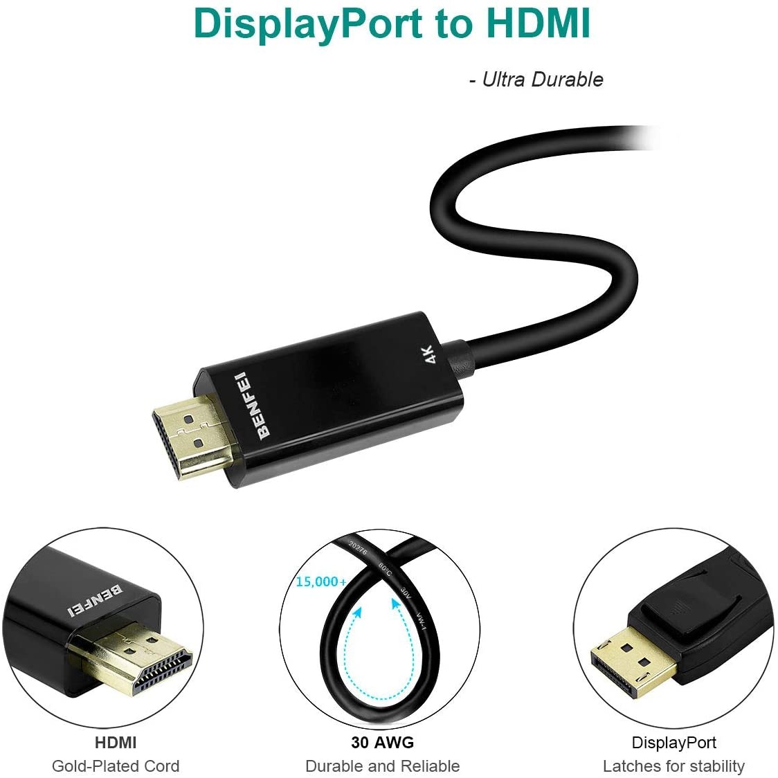 Displayport to HDMI, Benfei 4K DP to HDMI 6 Feet Cable Gold-Plated Cord Compatible for Lenovo, Dell, HP, ASUS