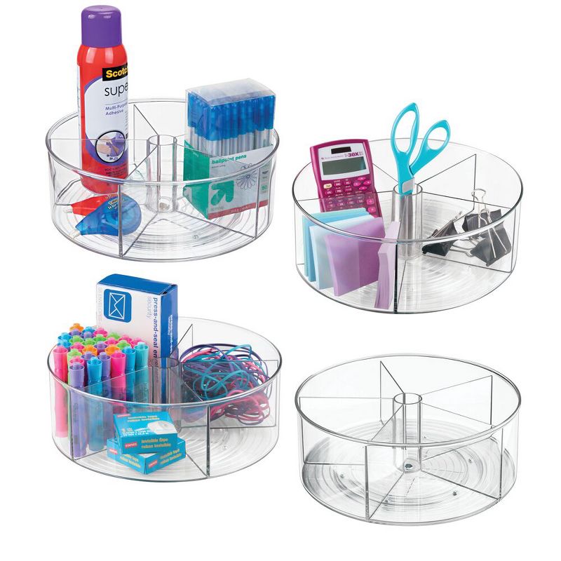 mDesign Plastic Divided Storage Turntable for Office, 11.5" Round, 4 Pack, Clear