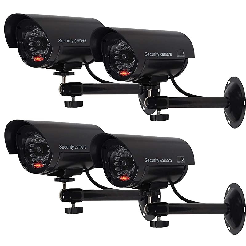 Bullet Dummy Fake Surveillance Security CCTV Dome Camera Indoor Outdoor with one LED Light Security Alert Sticker Decals TCB4 4 Packs Black