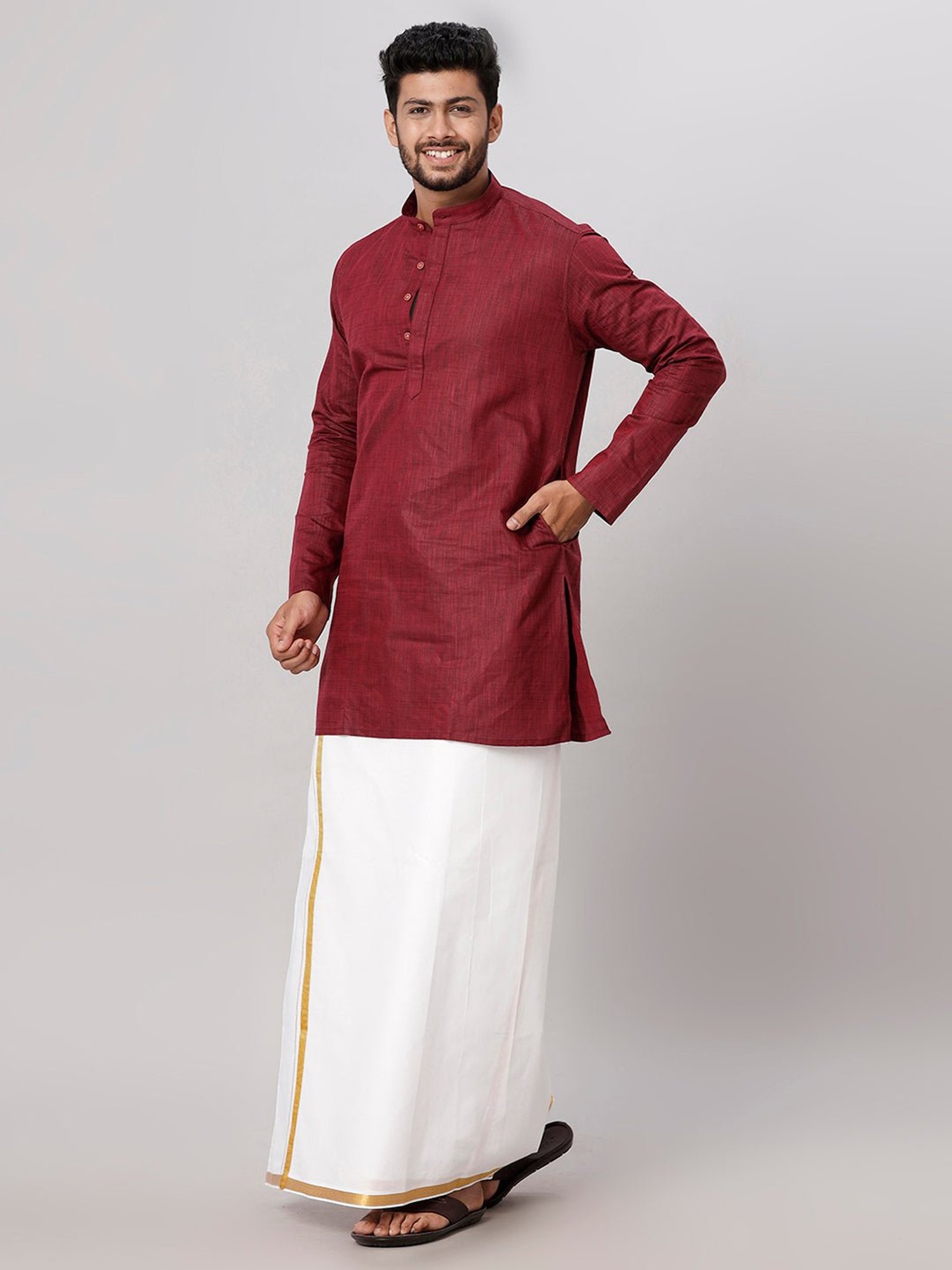 Ramraj Maroon Cotton Regular Fit Kurta Set with Bottom